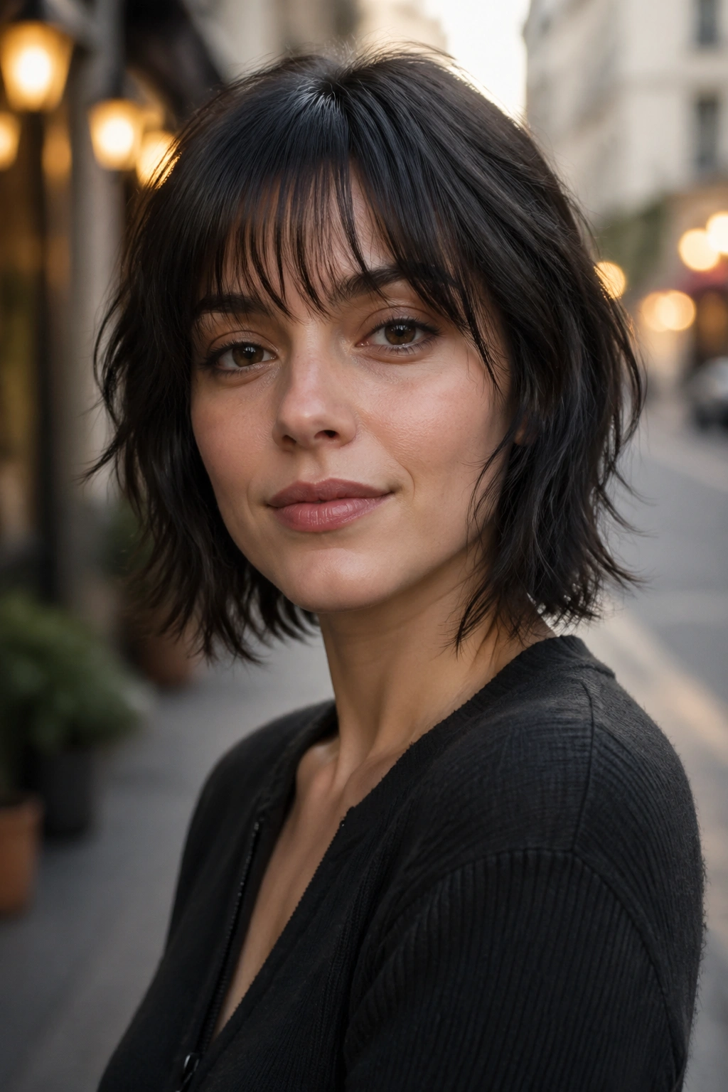 Portrait of a woman with razor-cut wolf bob and see-through bangs on city street at golden hour