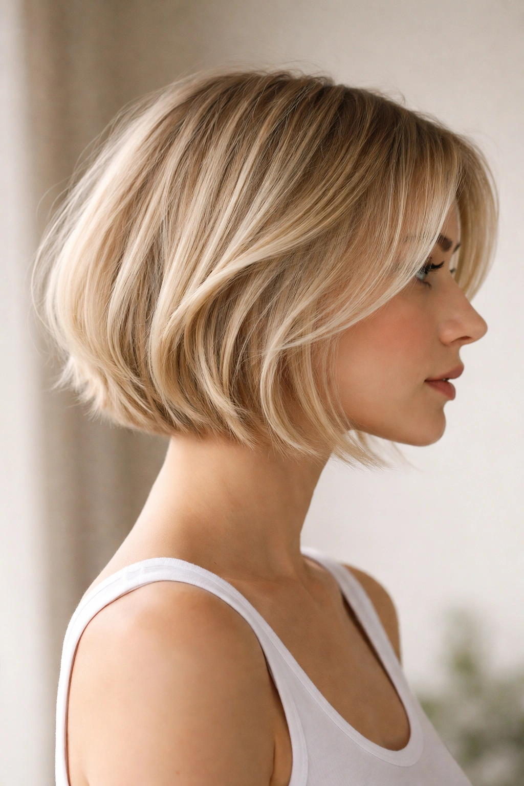 Profile view of a razor light bob with airy ends on fine hair