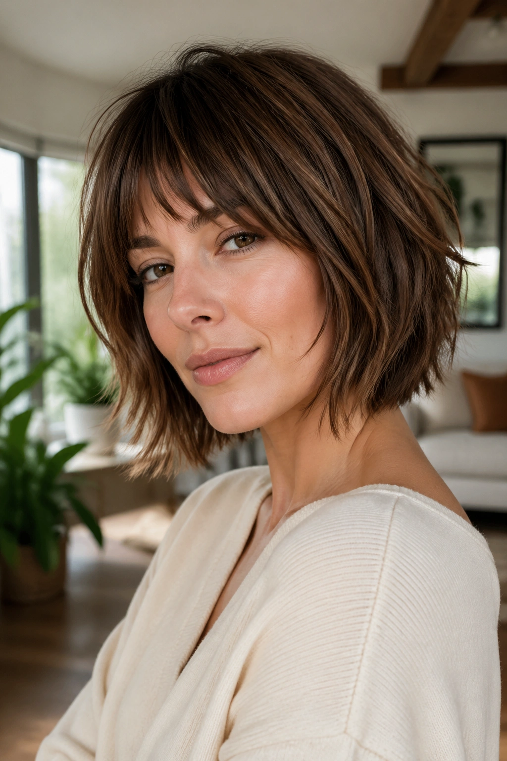 Close-up portrait of a real woman with a razor-cut shag bob showing textured ends