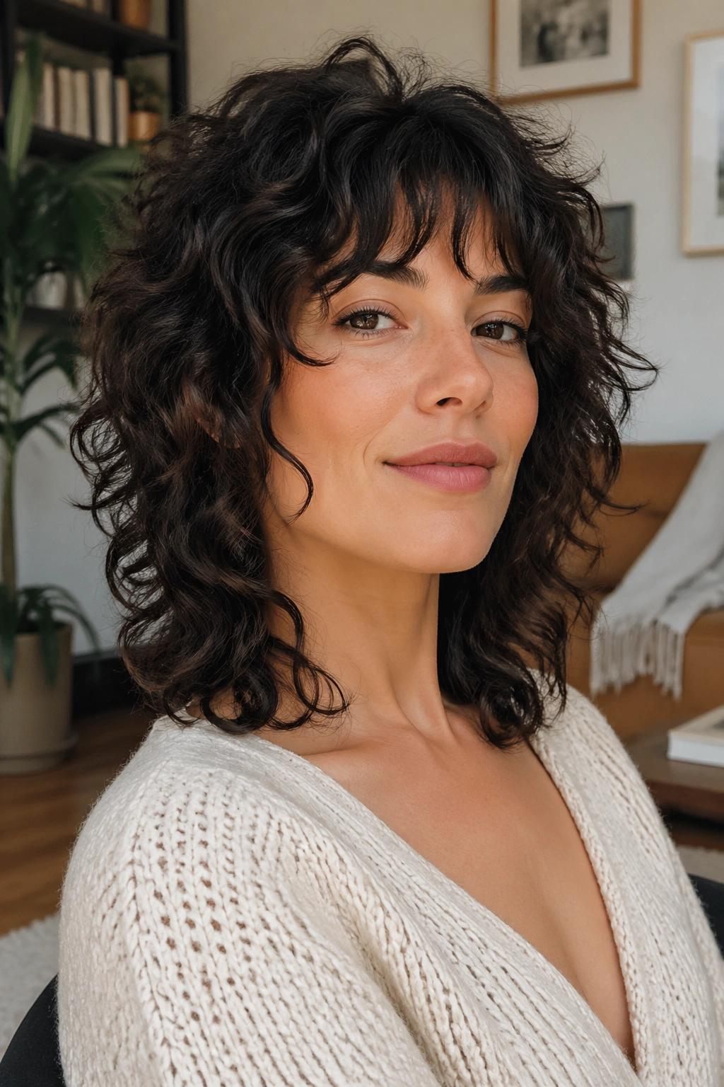 Portrait of a real woman with mid-length razor shag
