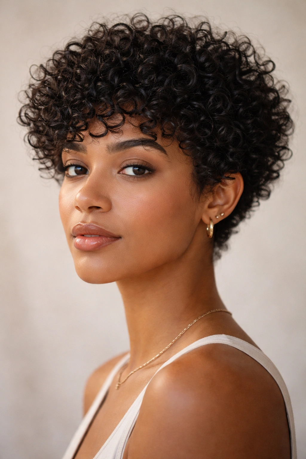 Close-up of razor-soft curly crop with softened ends and airy perimeter