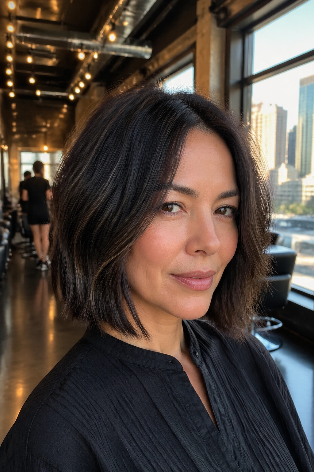 Close-up of a real woman with a razor-soft lob on coarse hair, soft ends and weight.