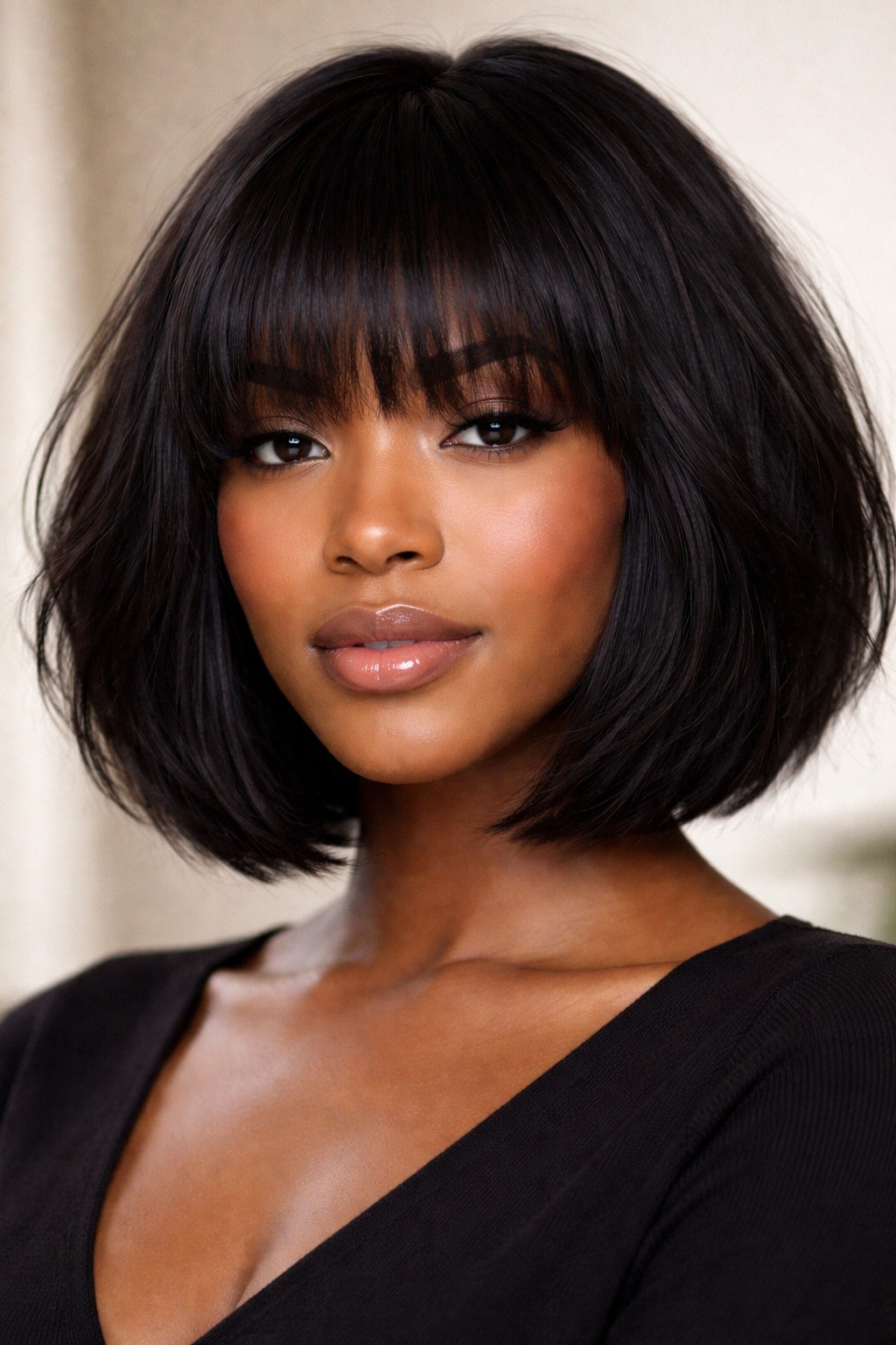 Front view of a razored bob with full bangs blending into the cut.