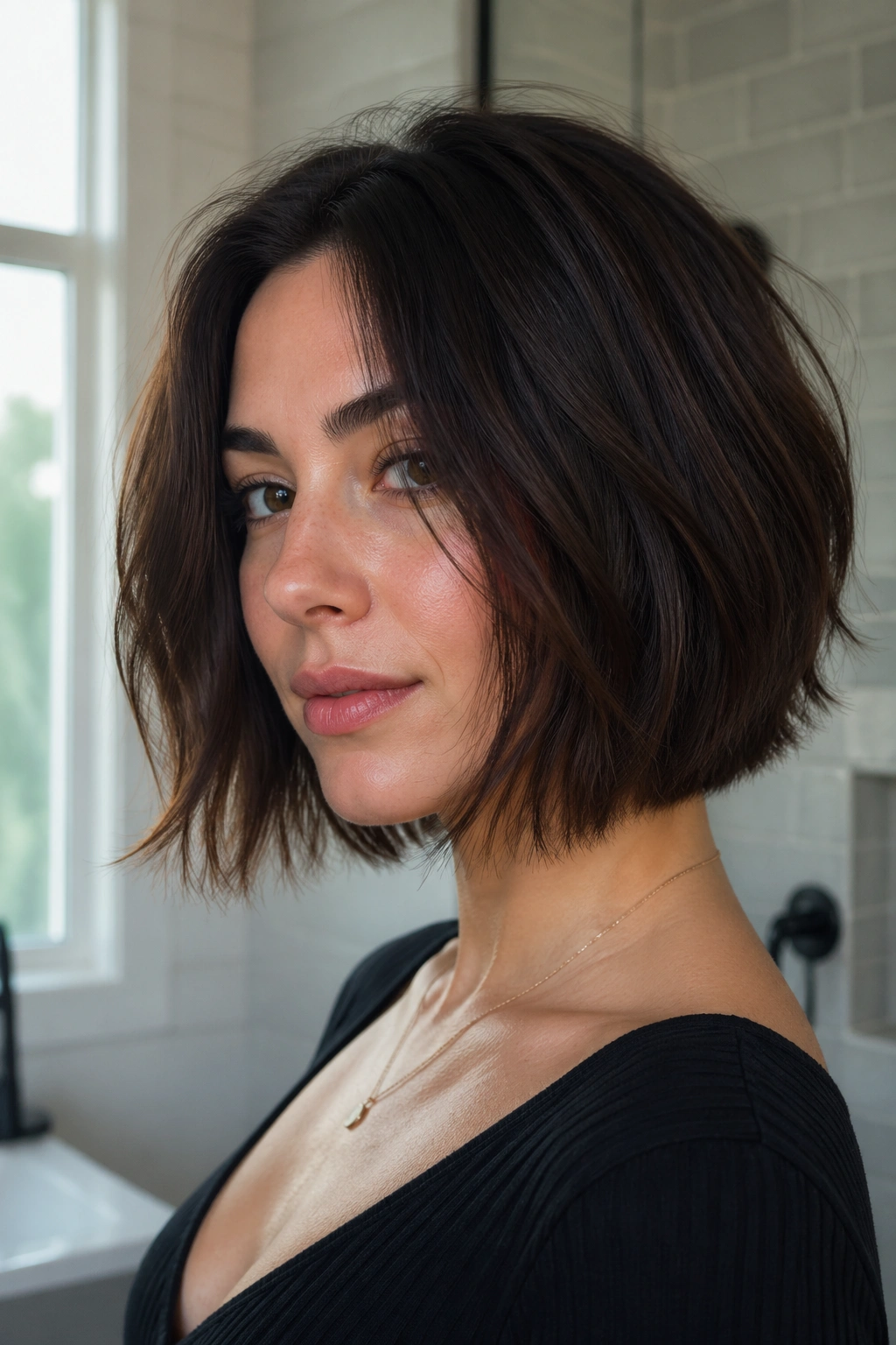 Close-up portrait of a real person with a thick razor-cut bob, strong outer edge and soft interior texture, in daylight.