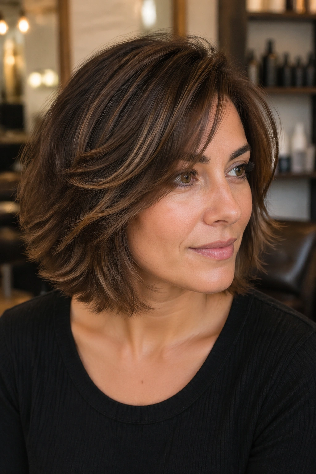 Close-up of a real woman's razor-cut feathered bob with soft broken ends