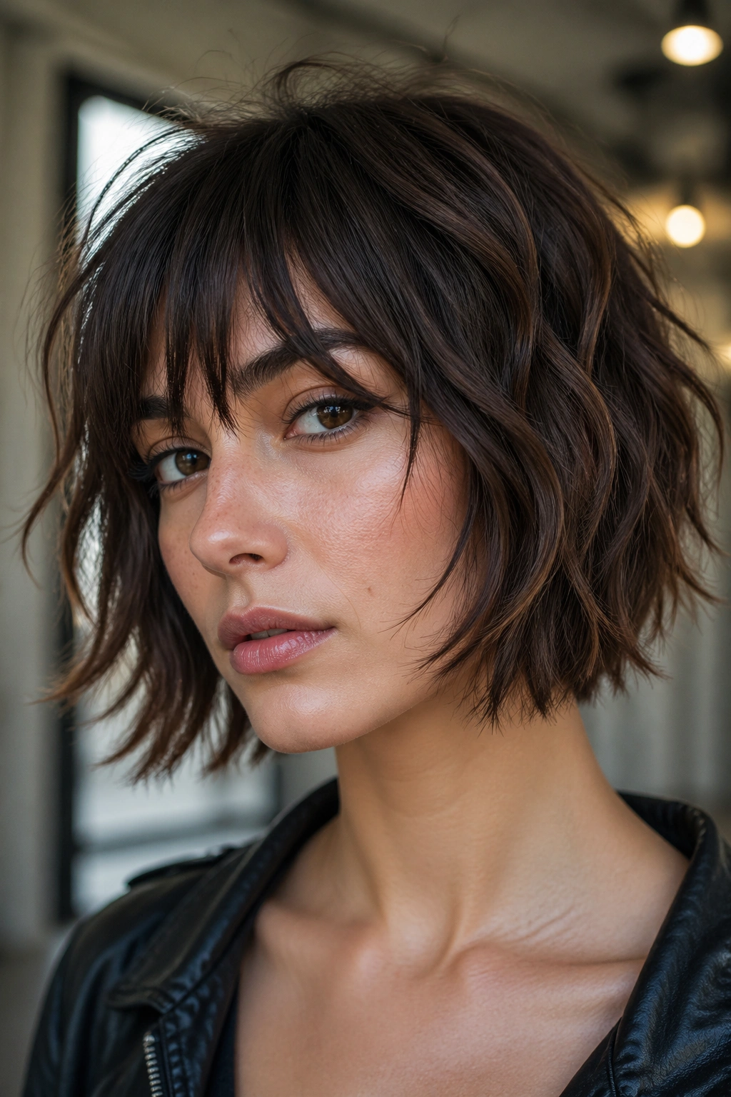 Close-up of a real person with razored ends in a French Bob Wolf Cut
