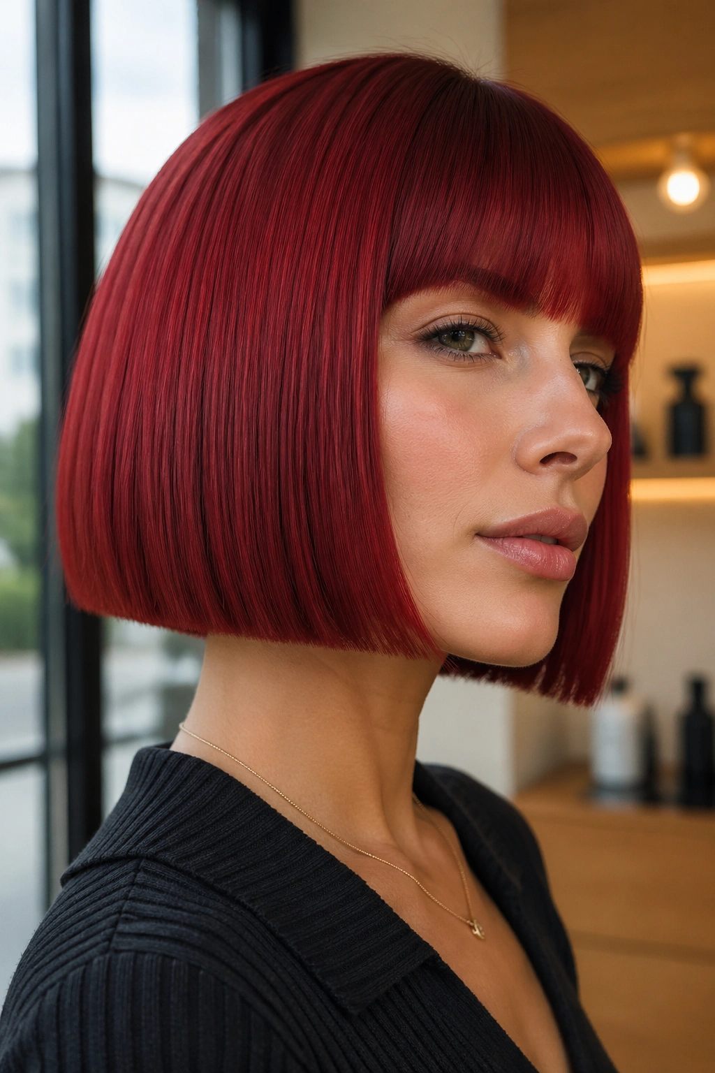 Close-up portrait of a real woman with a cherry red blunt bob in natural window light