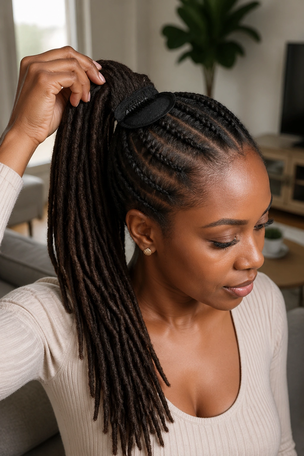 Close-up of a real person wearing removable ponytail extensions with crown attachment