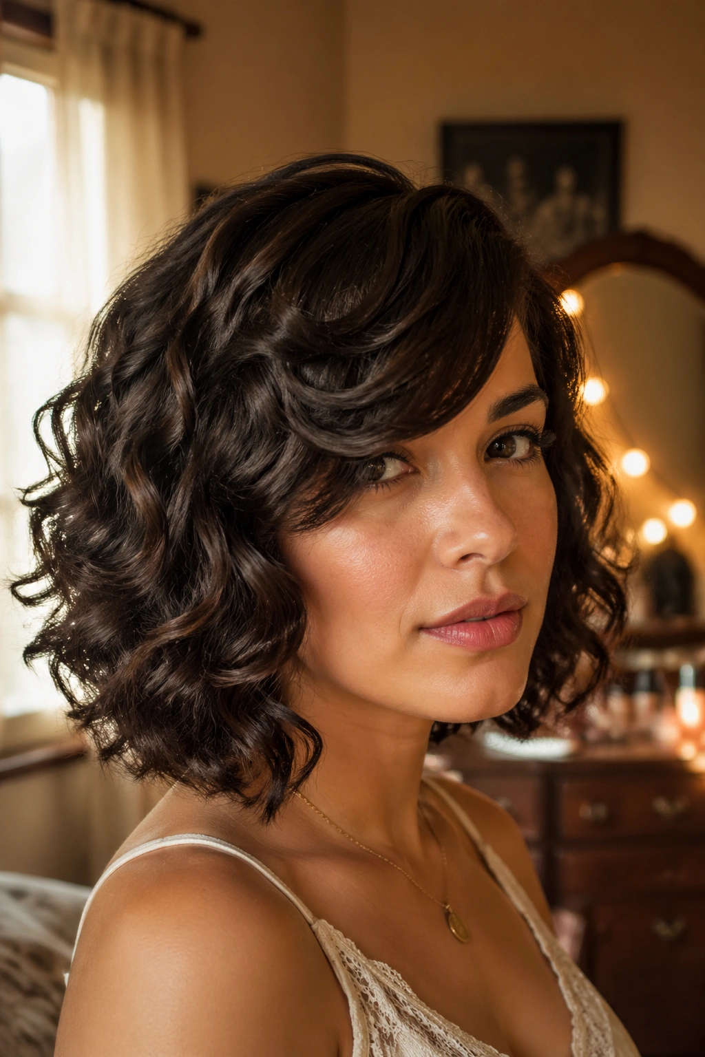 Close-up portrait of a real woman with a retro curly bob and side-swept fringe in warm window light