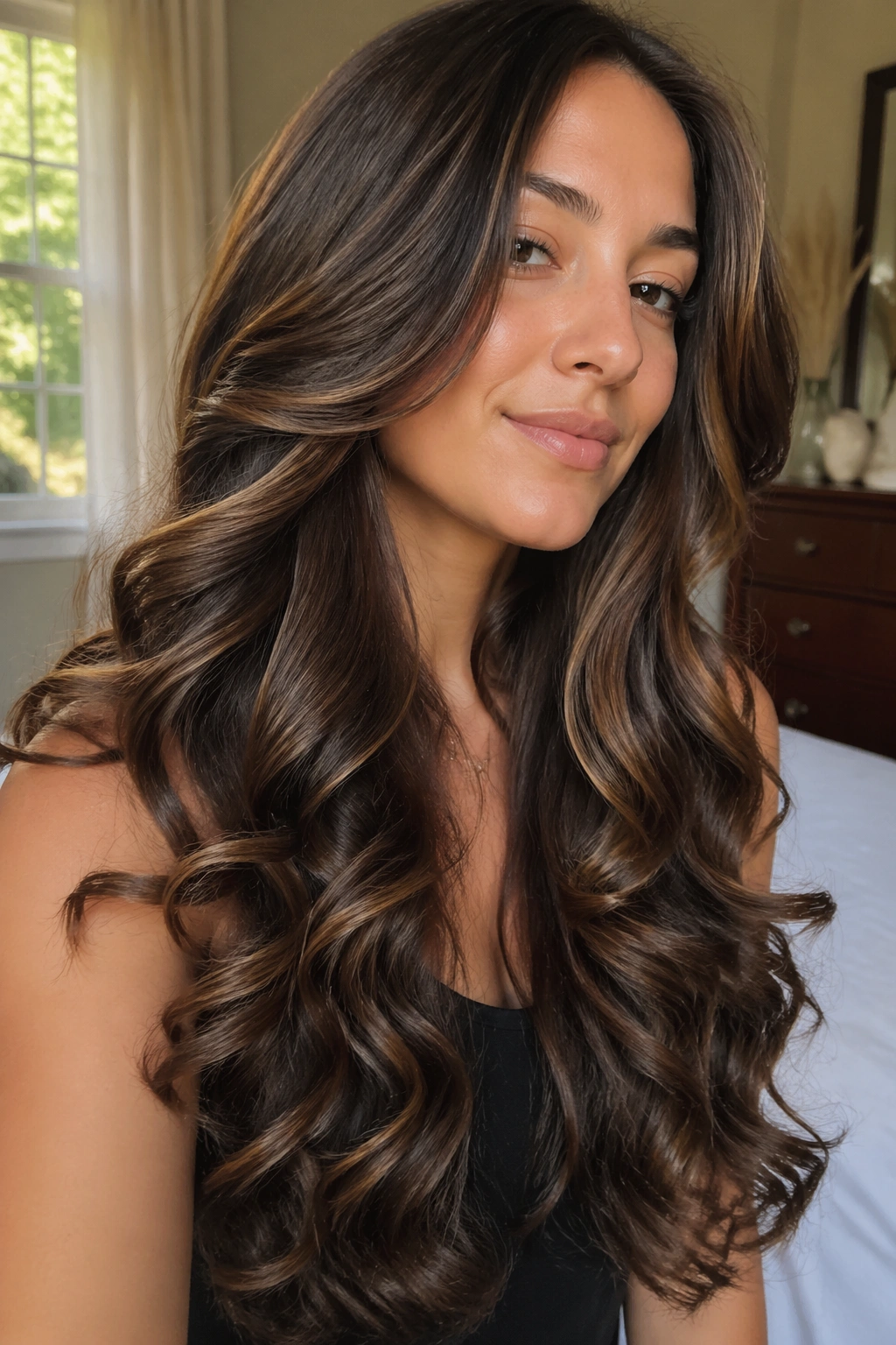 Close-up of a real woman with long layered hair and ribbon-like curls in a sunlit bedroom