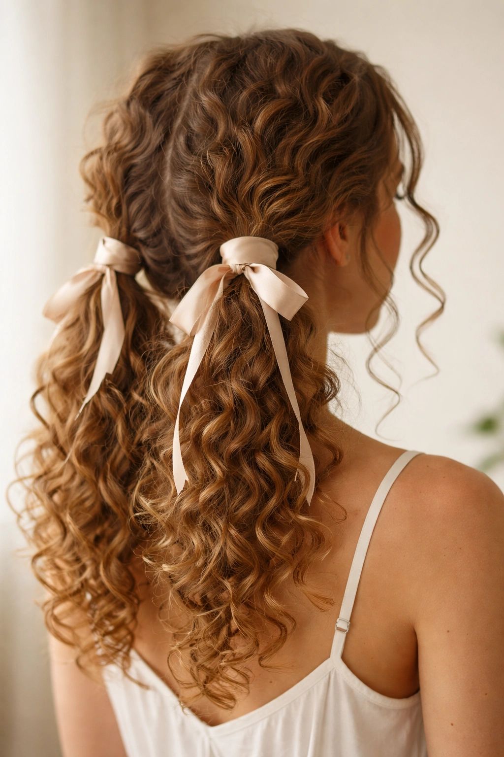 Side view of curly pigtails with ribbon-wrapped elastics