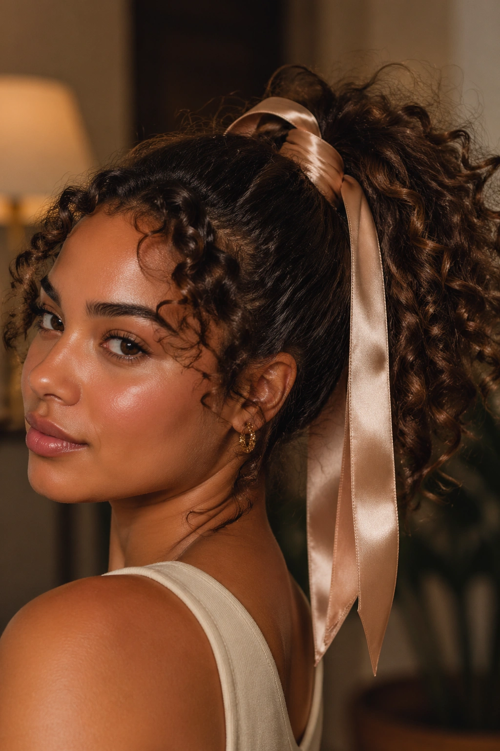 Real woman with a satin ribbon wrapped around a curly ponytail