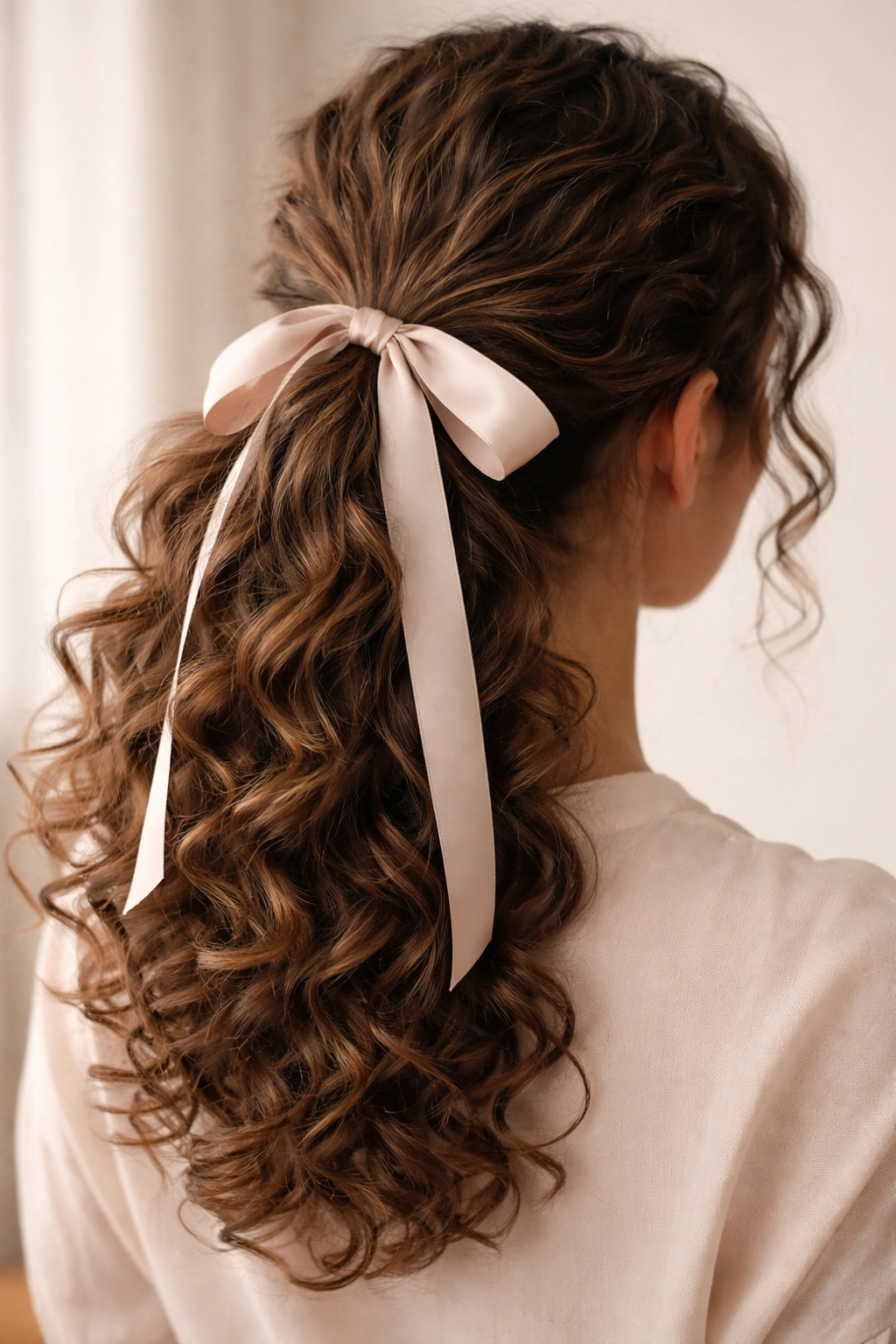 Close-up of a curly ponytail with a satin ribbon tied around the elastic
