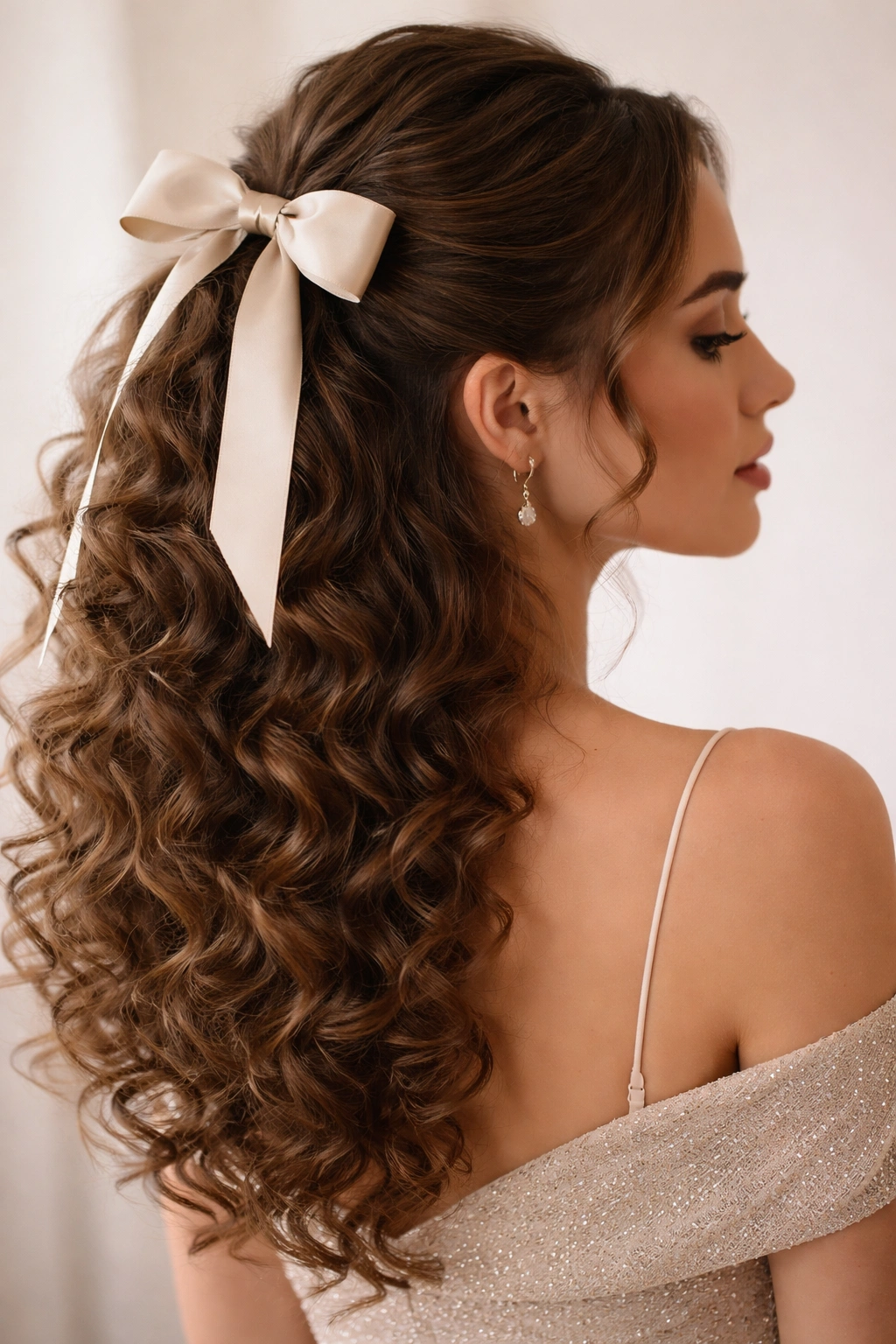 Half-up curly hairstyle with a satin ribbon tied at the crown.