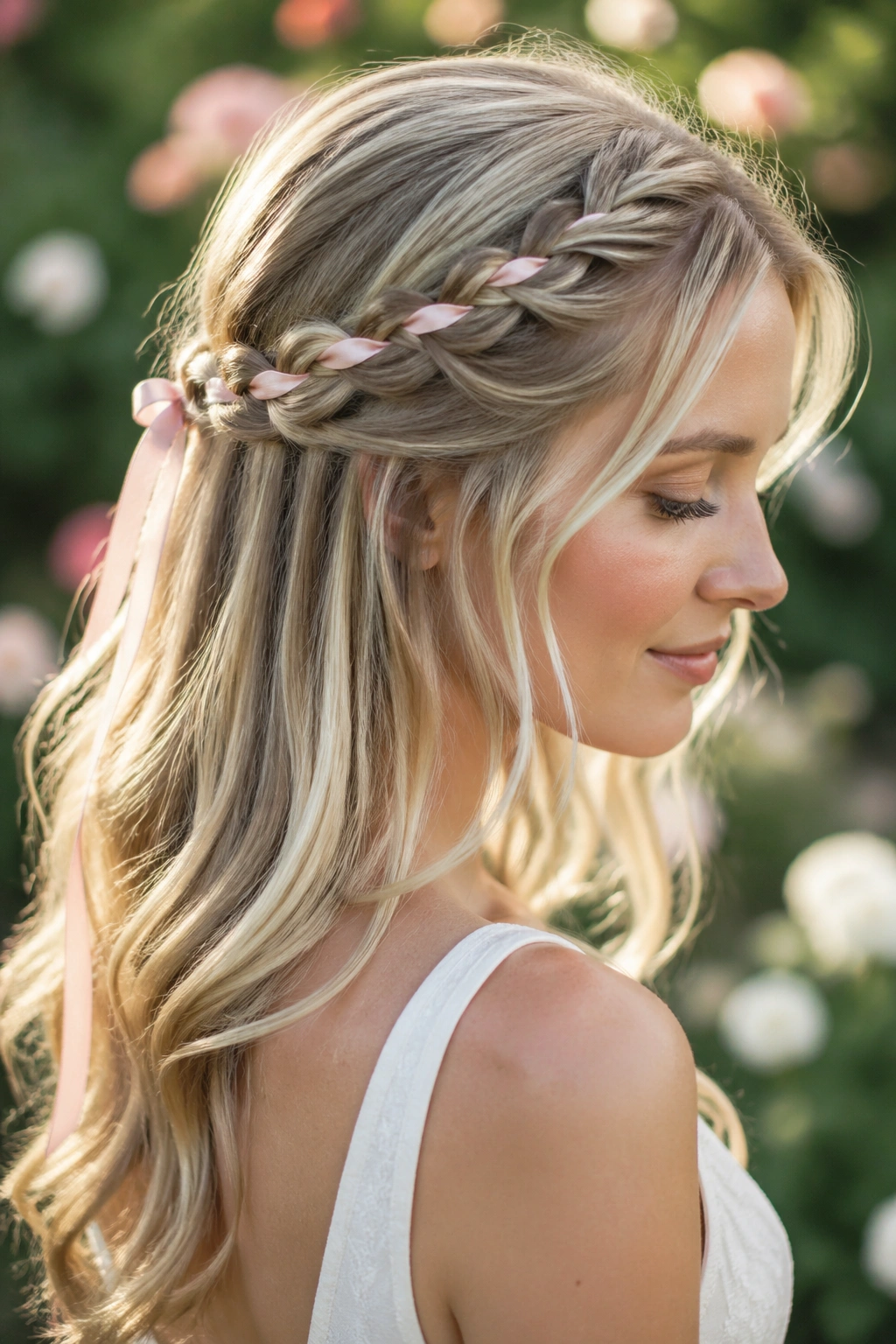 Close-up of a real woman with a half-up ribbon weave hairstyle in a garden.