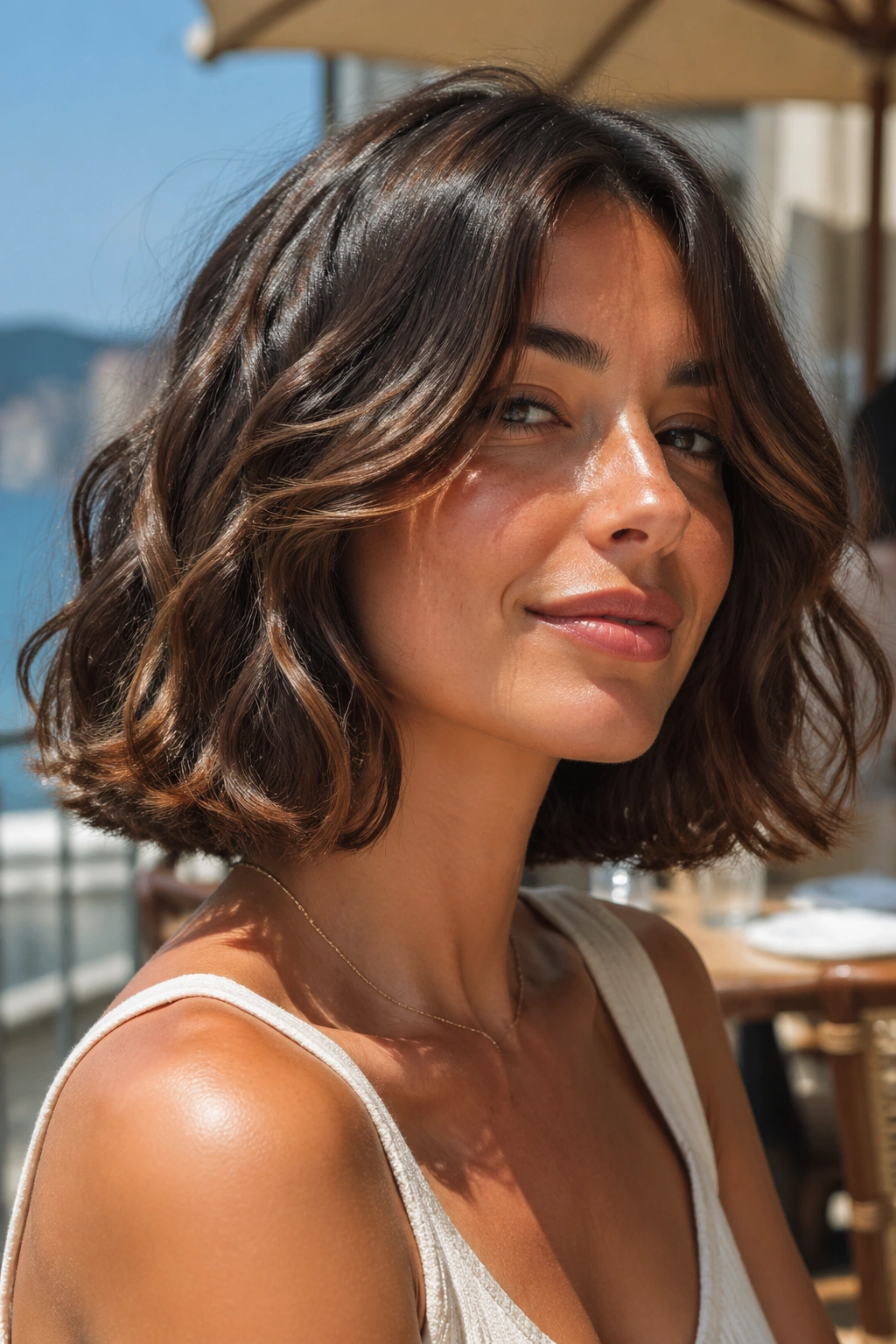 Close-up of real woman with wavy Riviera Italian Bob in sunlit outdoor setting