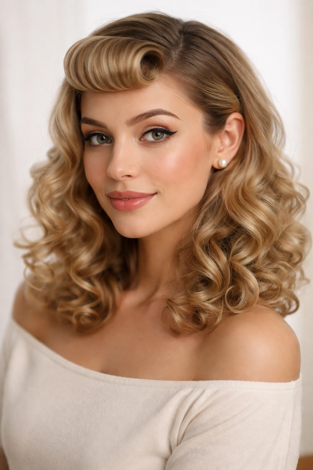 Rolled bangs on shoulder-length curls with front control