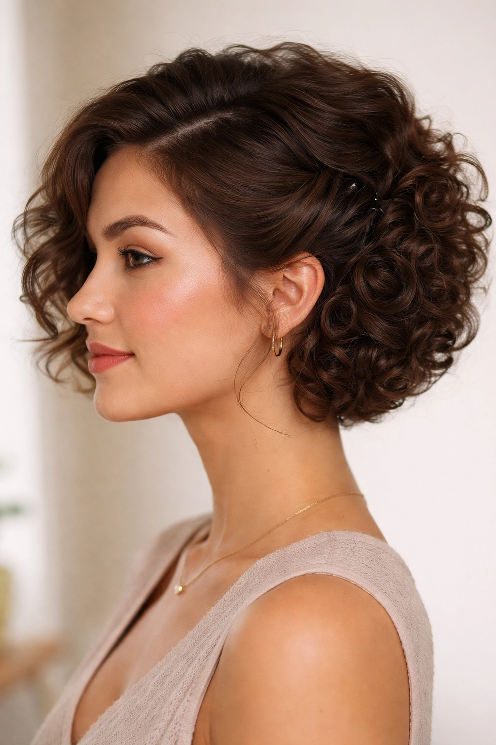 Side view of chin-length curls rolled into a puff with pins