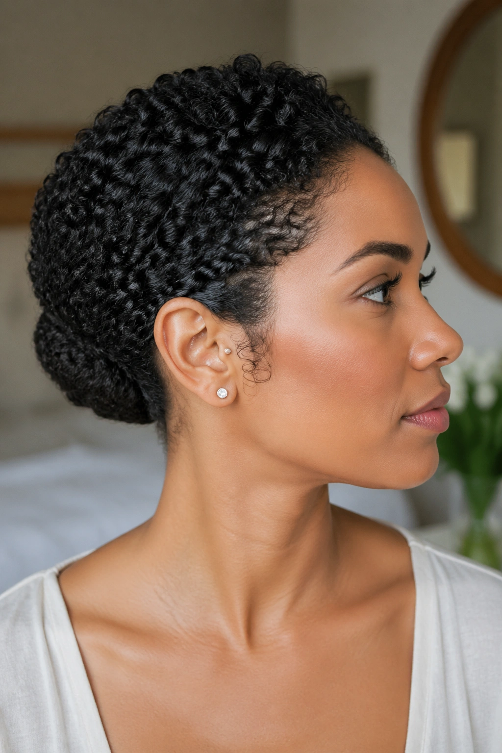 Close-up portrait of a real woman with a rolled tuck low updo on short curls