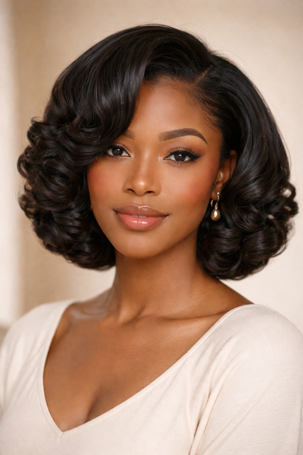Portrait of a bob-length natural hairstyle with a roller-set and clean ends