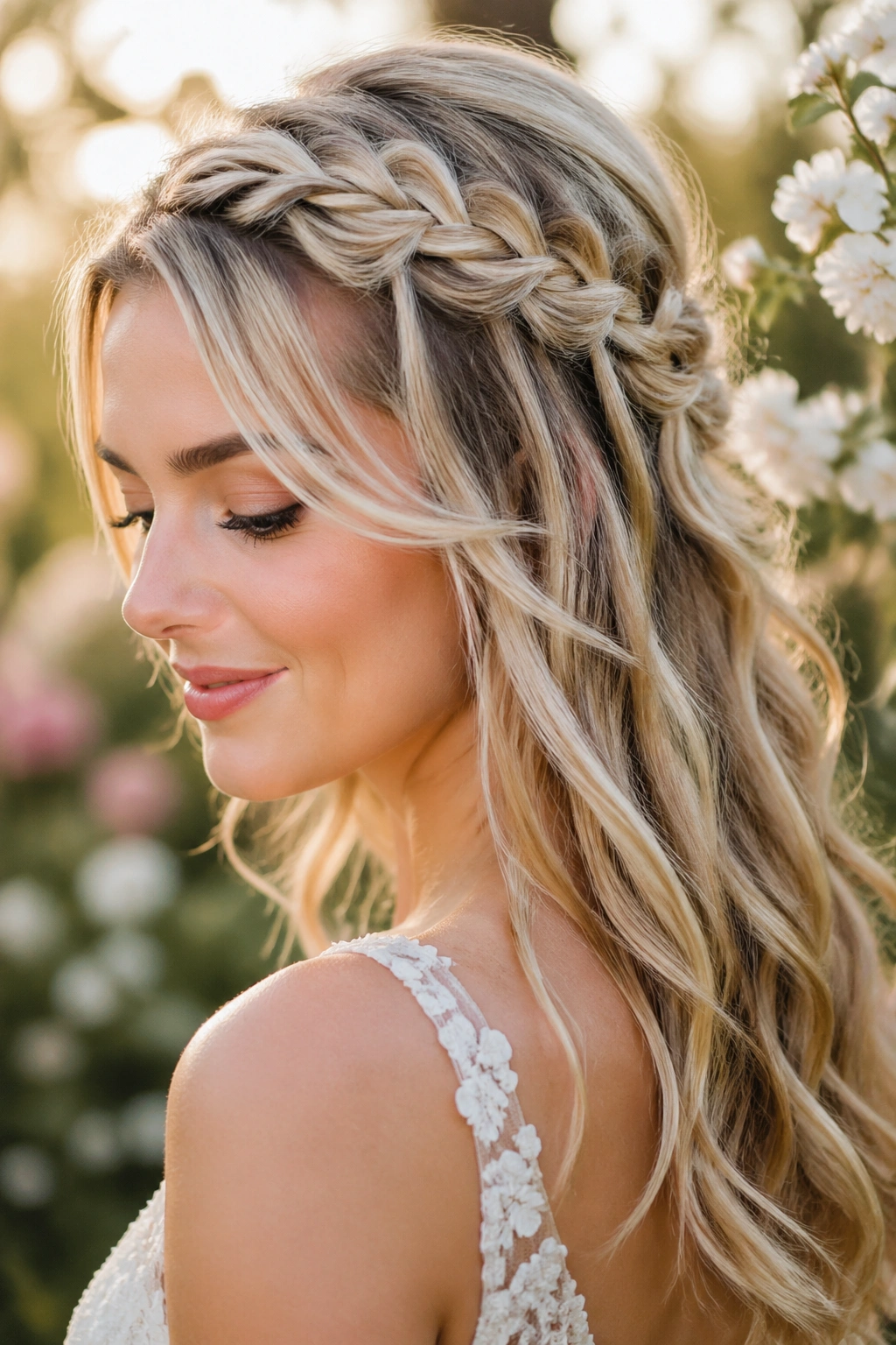Close-up of a real woman with a romantic waterfall half-up hairstyle