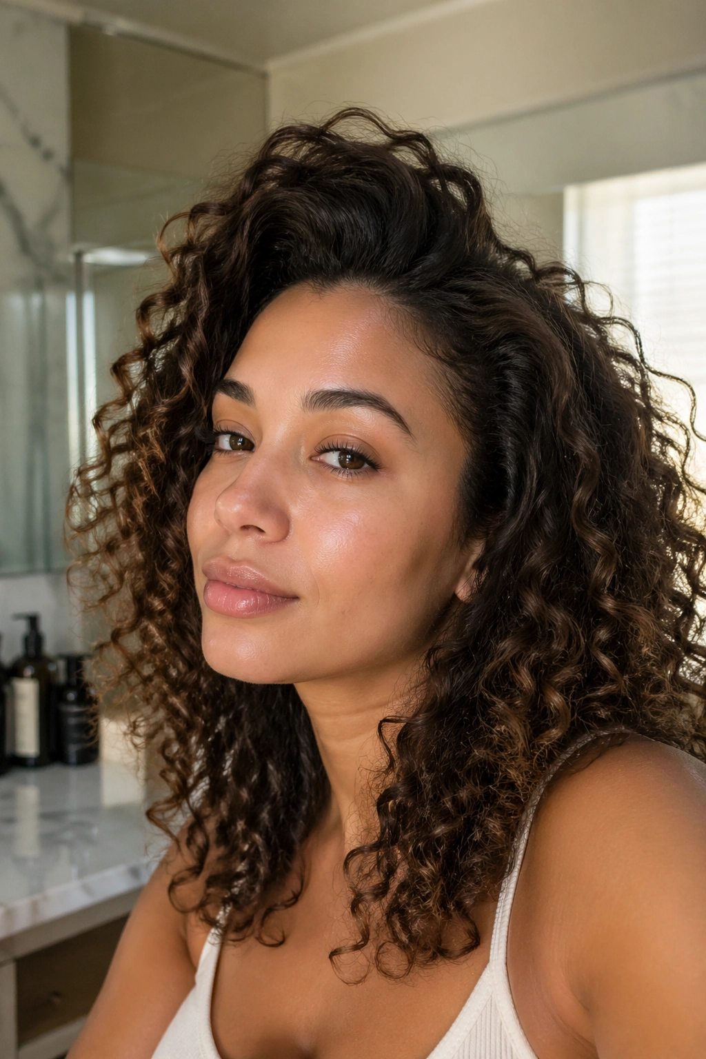 Close-up of a real woman showing crown lift and volume at the top of curly hair