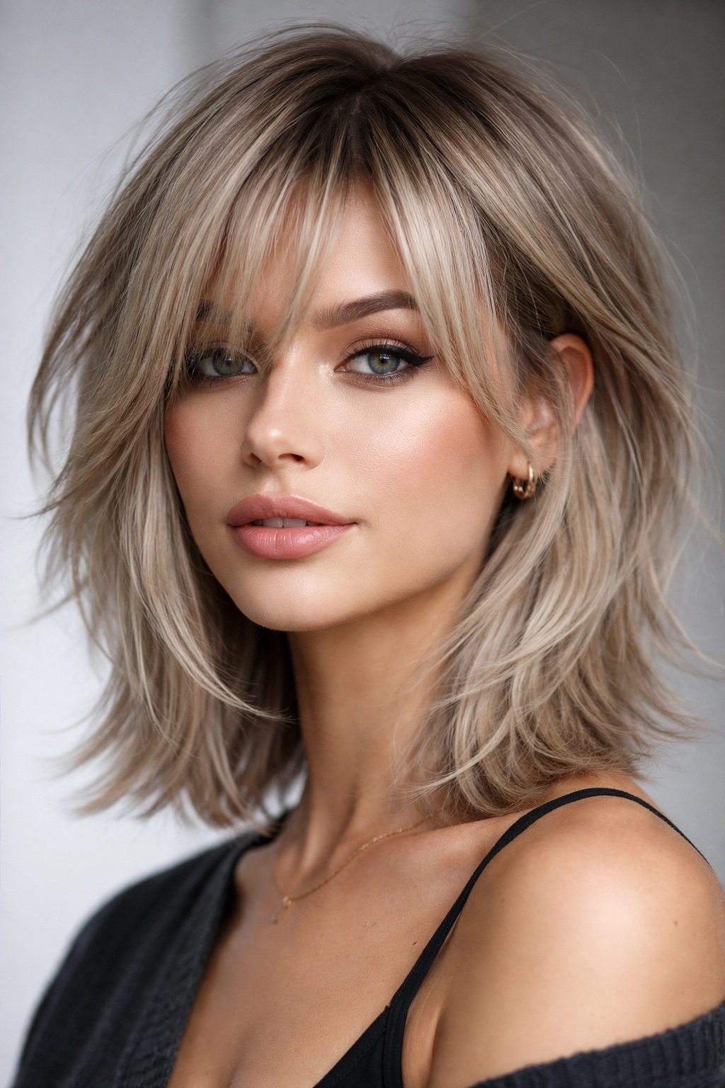 Rooted ash blonde wolf cut bob with sliced ends and broken outline