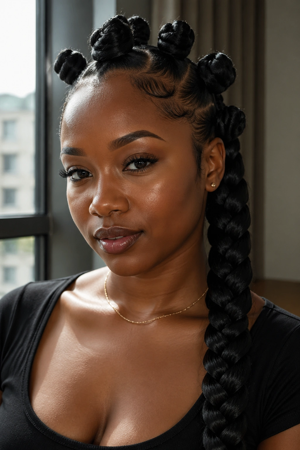 Portrait of Big Knot Statement hairstyle with single side rope braid on a real person