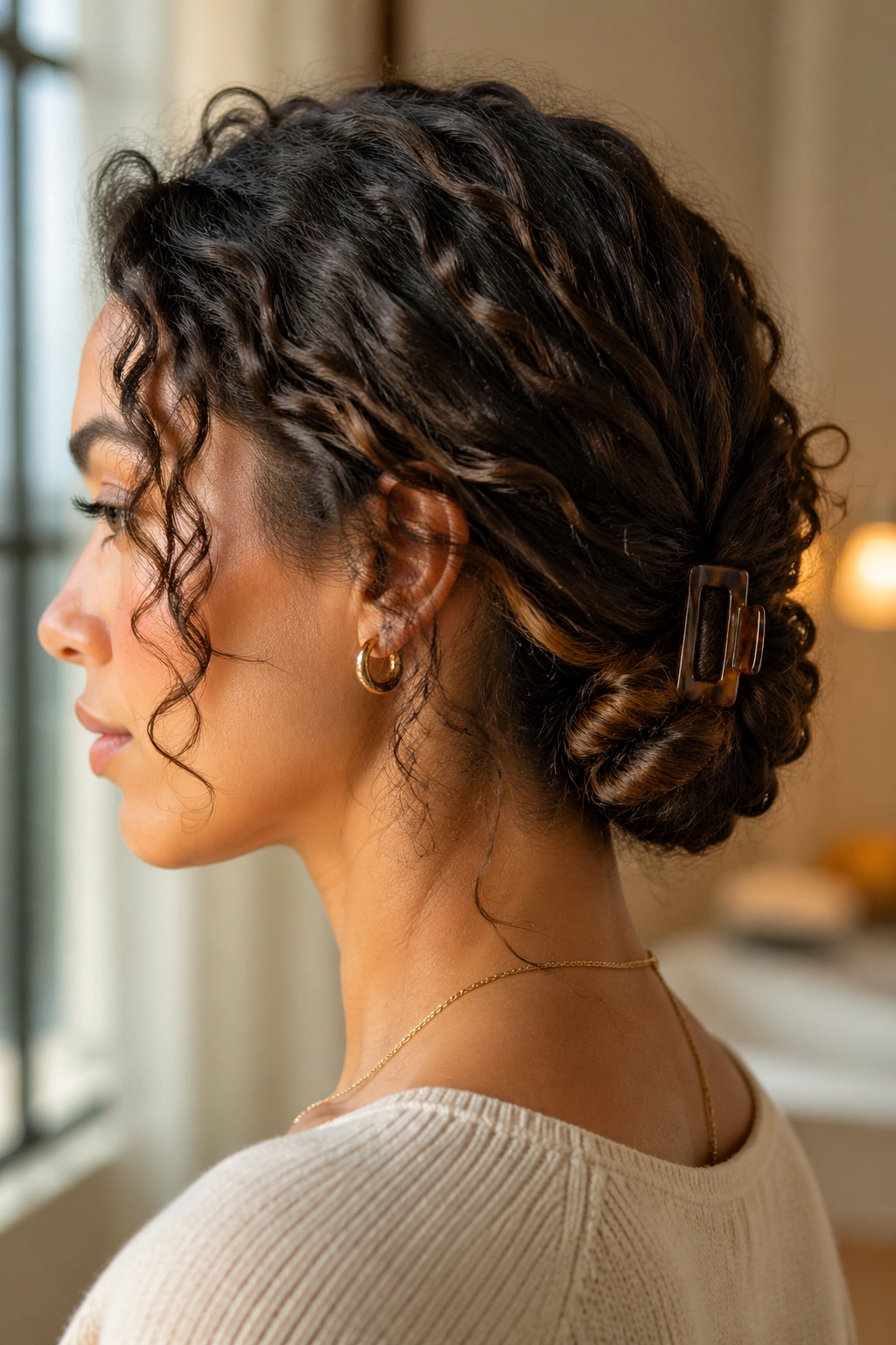Close-up of a real woman wearing a rope-twist curly bun with a claw clip in a cozy indoor setting