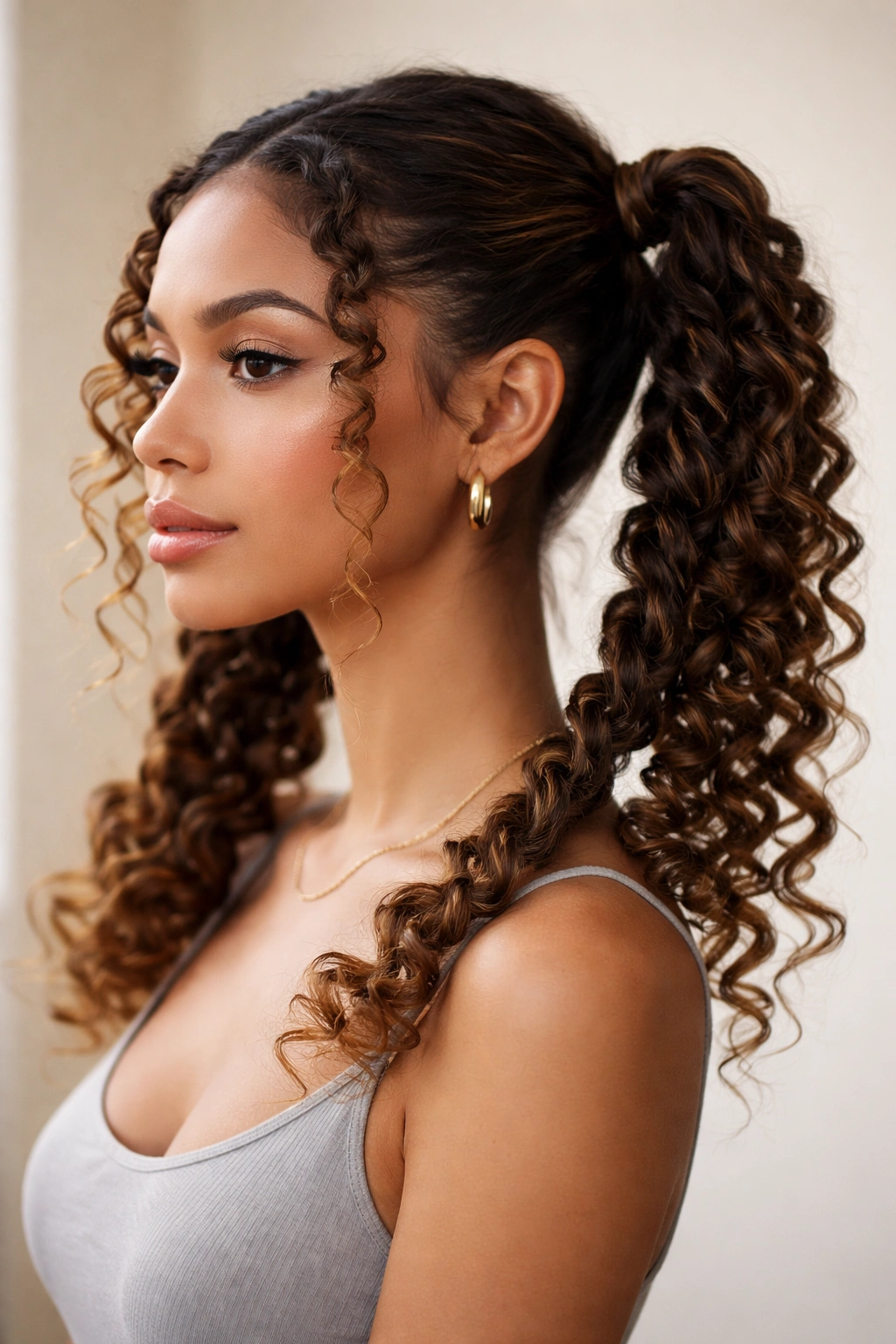 Side view of rope-twist curly pigtails with intertwined twists