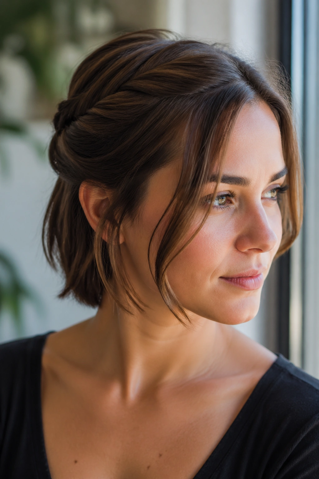 Close-up of a soft rope twist with face-framing ends on a short bob