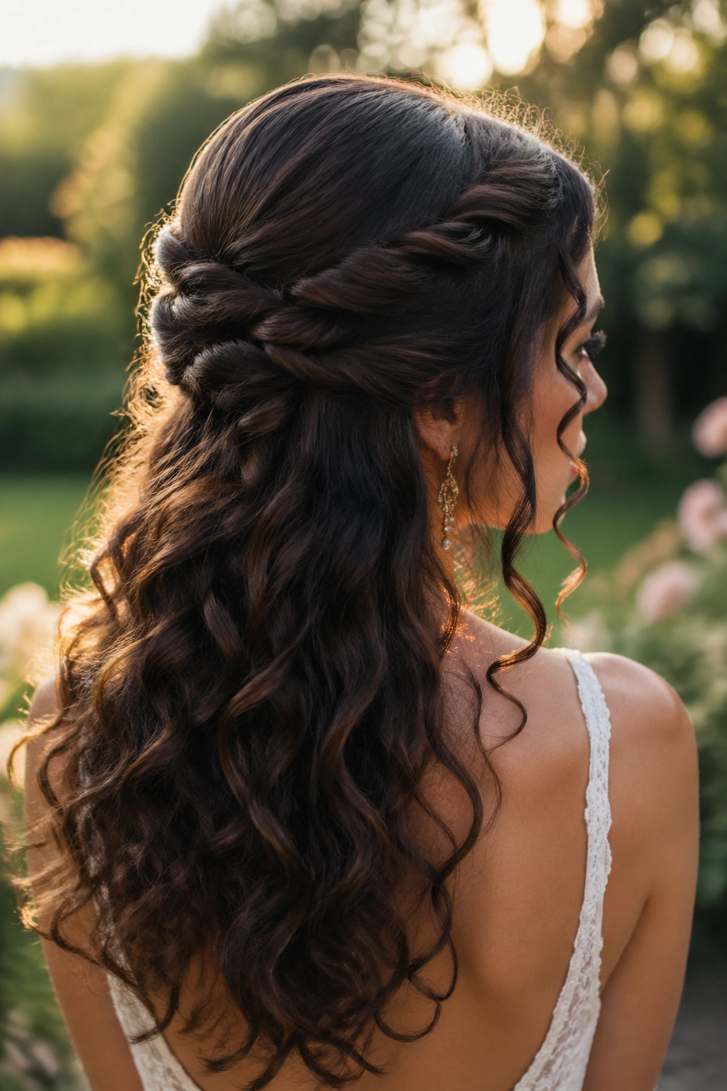 Close-up of a bride showing rope twists forming a half-up style