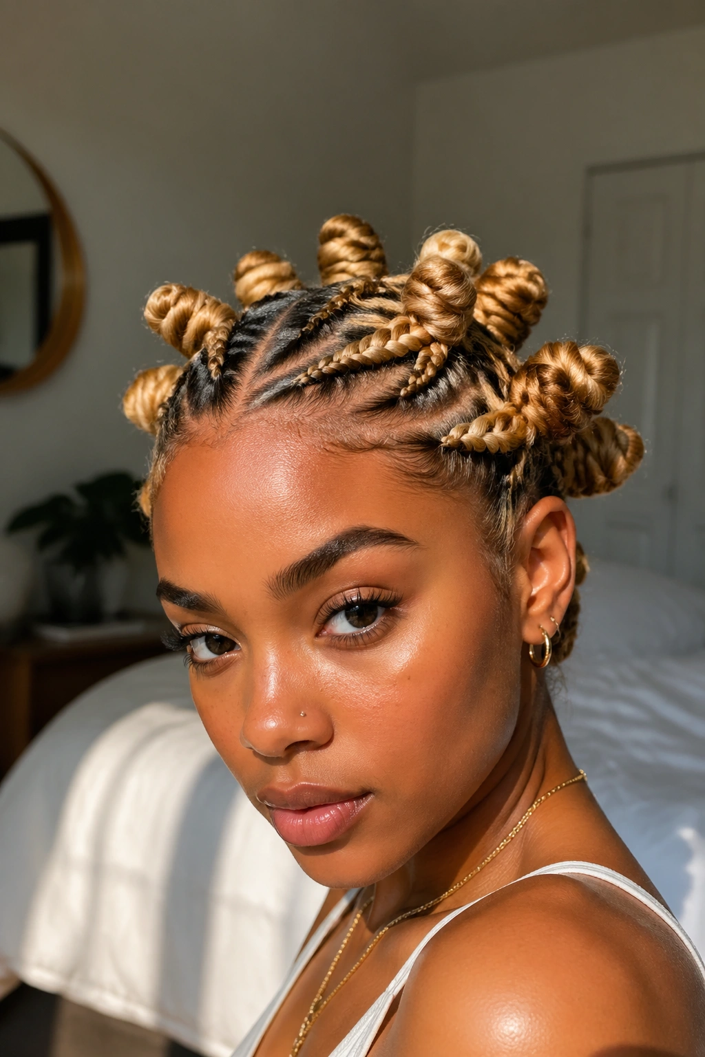 Close-up of a real woman showing rope-twist roots feeding into blonde Bantu knots