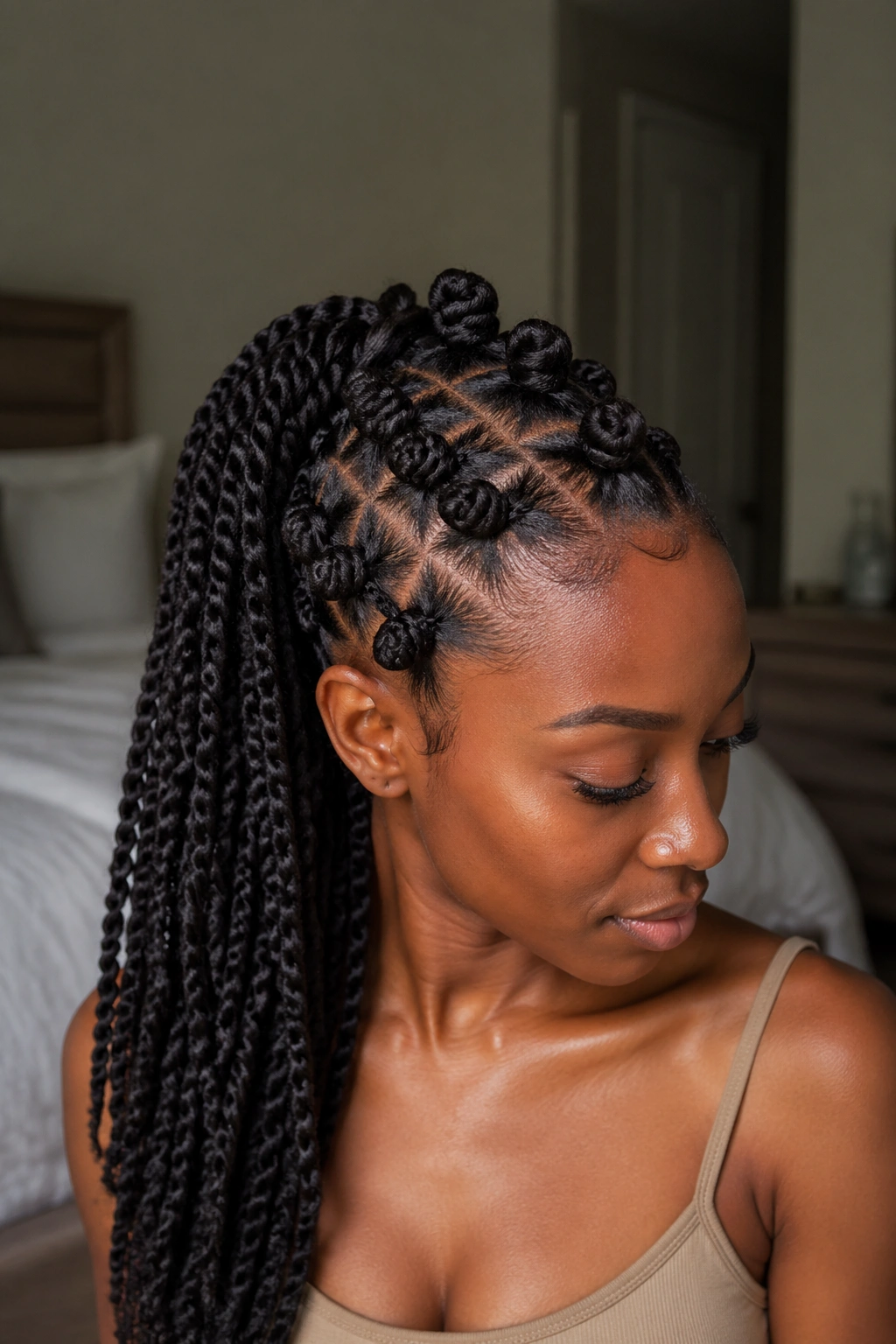 Close-up of a real person with rope-twist ponytail and center Bantu knots.