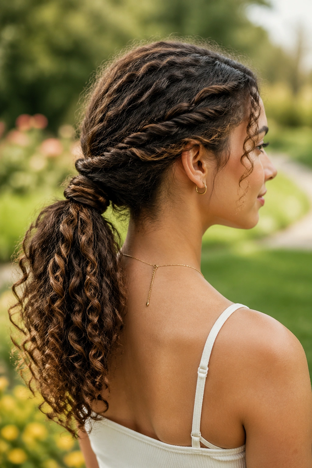 Profile view of real woman with rope twist ponytail hairstyle