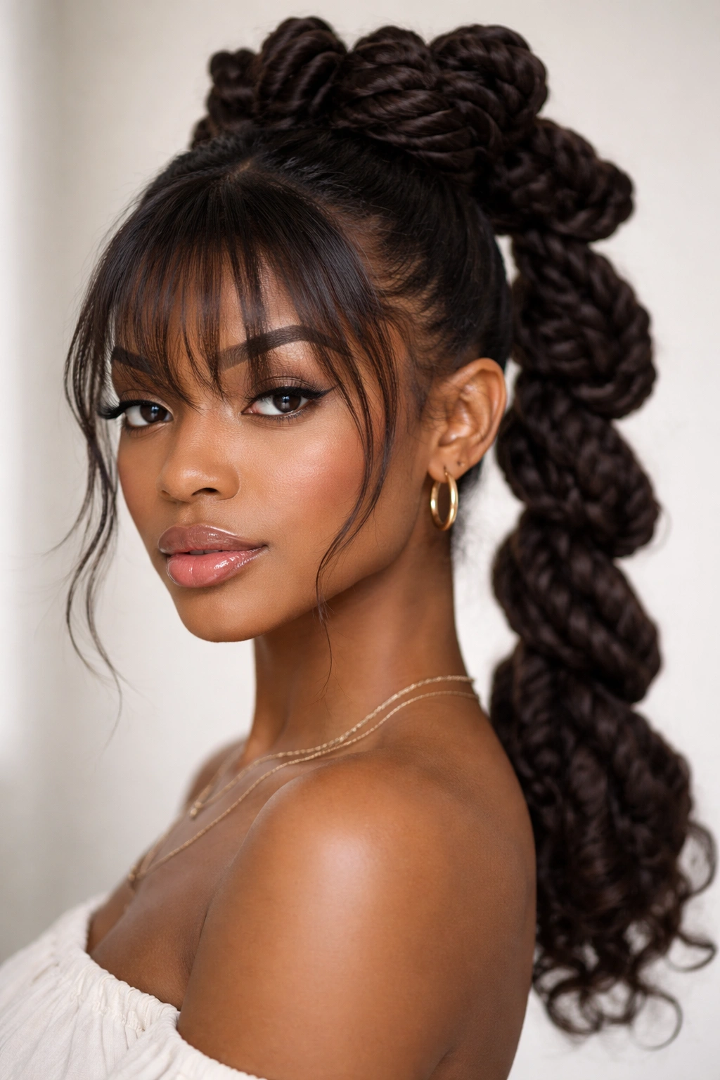 Rope-twisted bantu knot ponytail with wispy bangs
