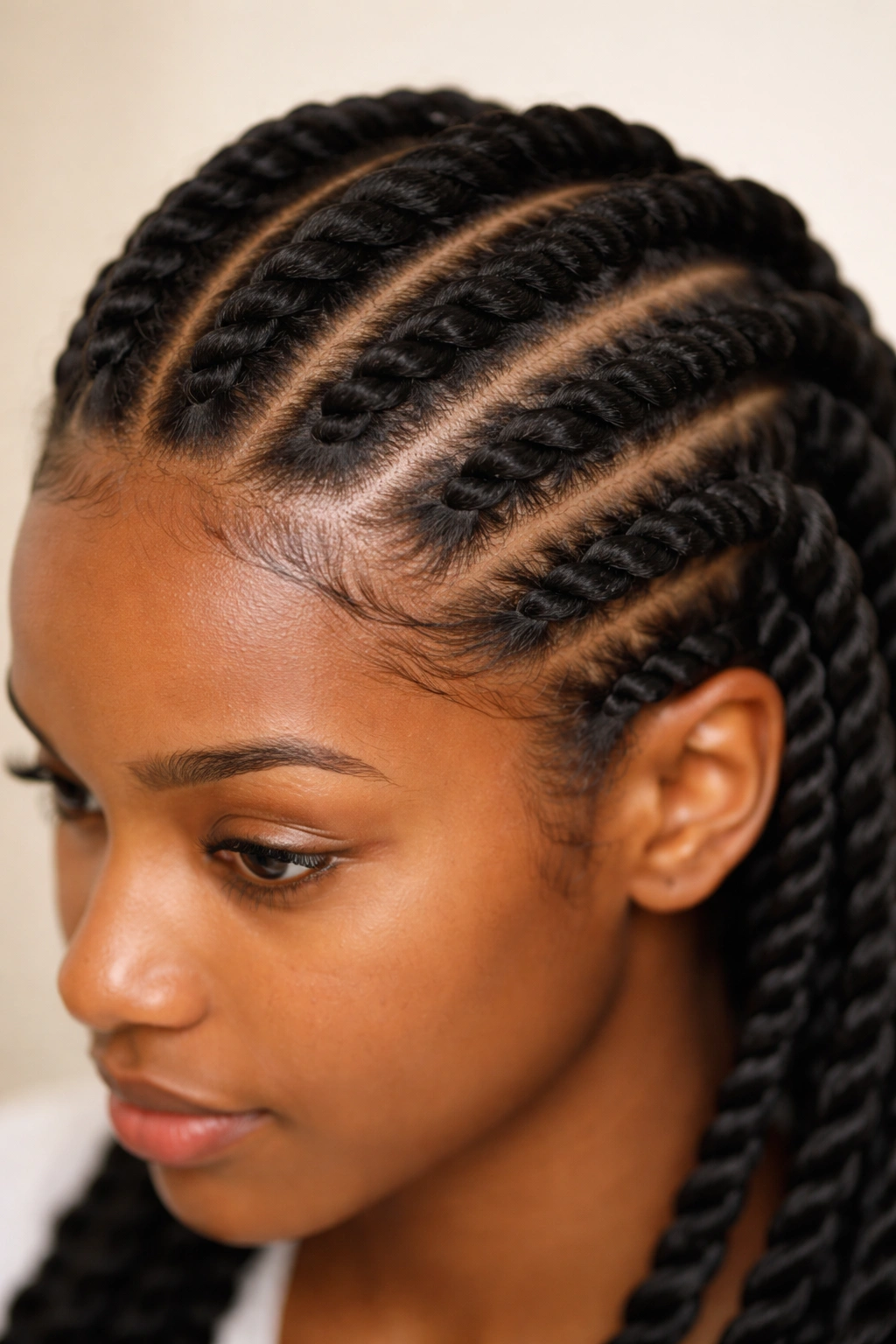 Close-up of medium rope twists with a firm base and neat part