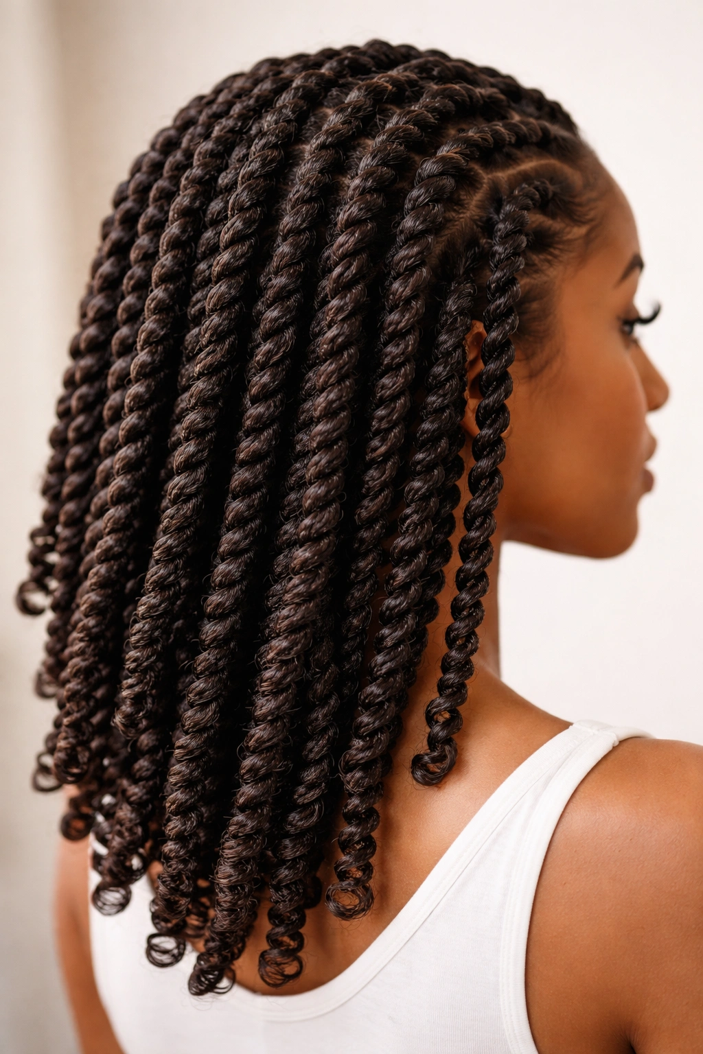 Rope twists with a clean spiral finish on natural hair.