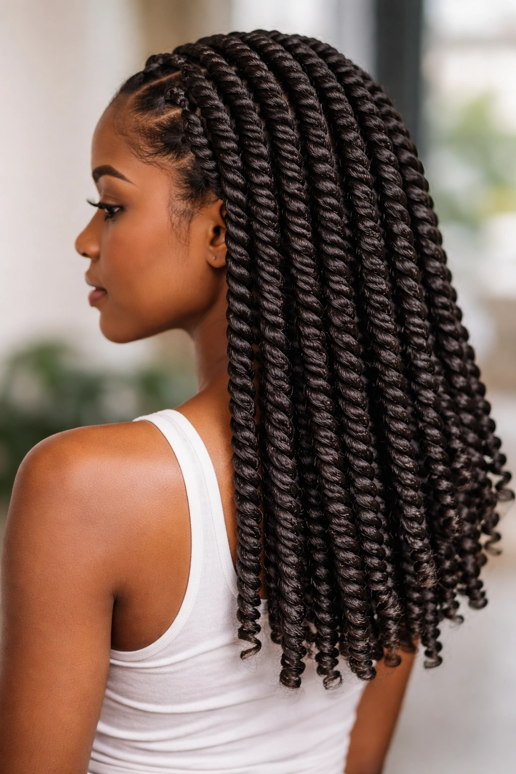 Rope twists with smooth spirals on stretched hair in a studio setting.