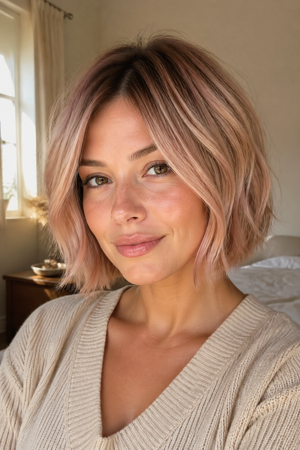 Close-up of a real woman with a rose beige balayage bob cut, soft pink-beige tones framing the face.