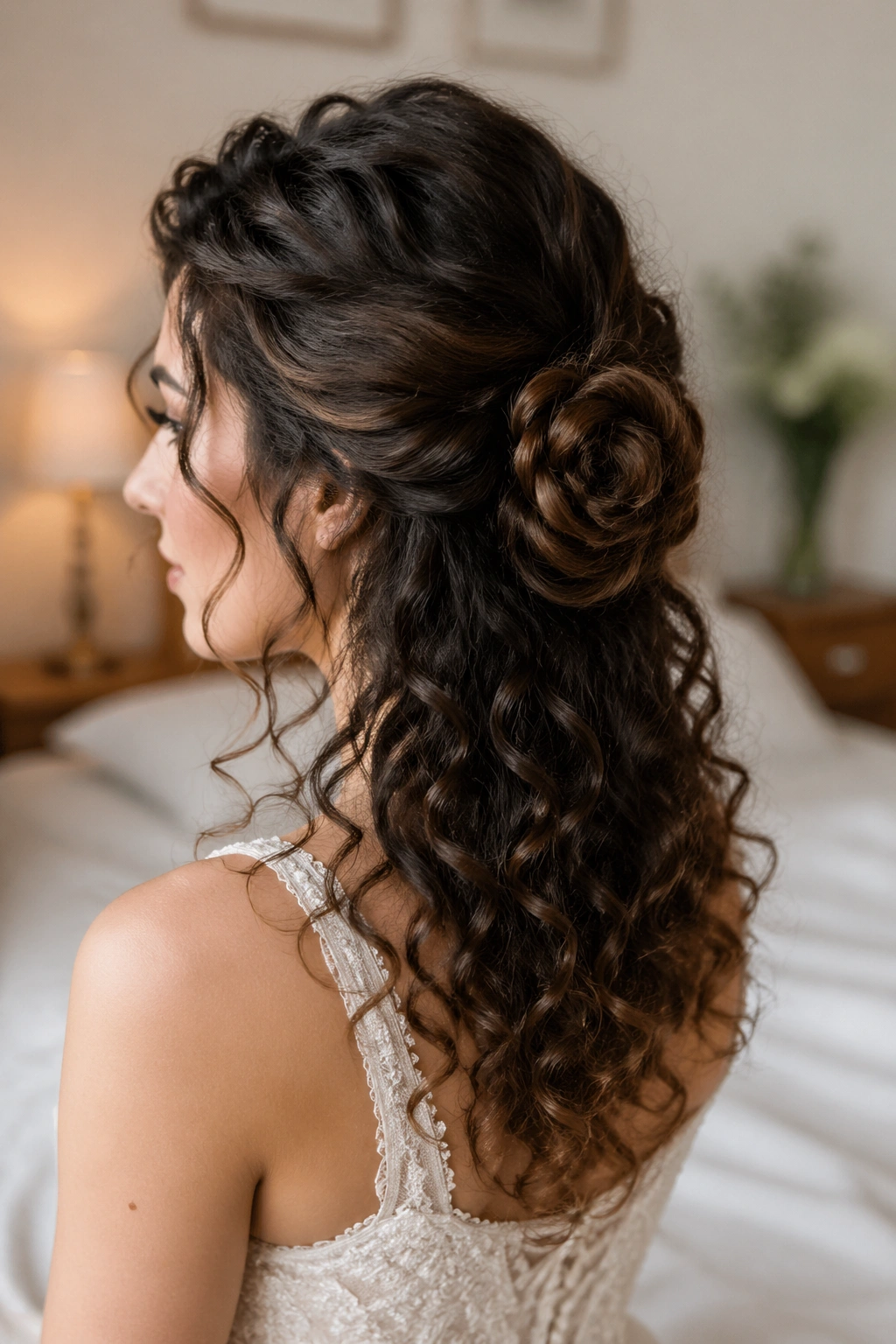 Close-up of a bride's low rose bun half-up with curls around