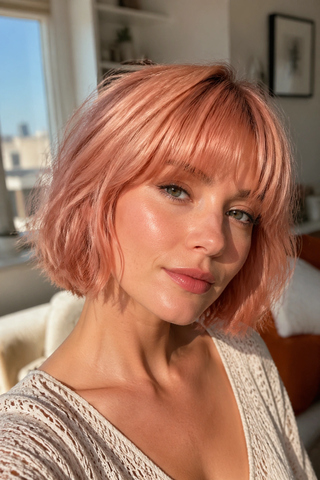 Close-up of a real person with a rose-gold French bob and soft fringe