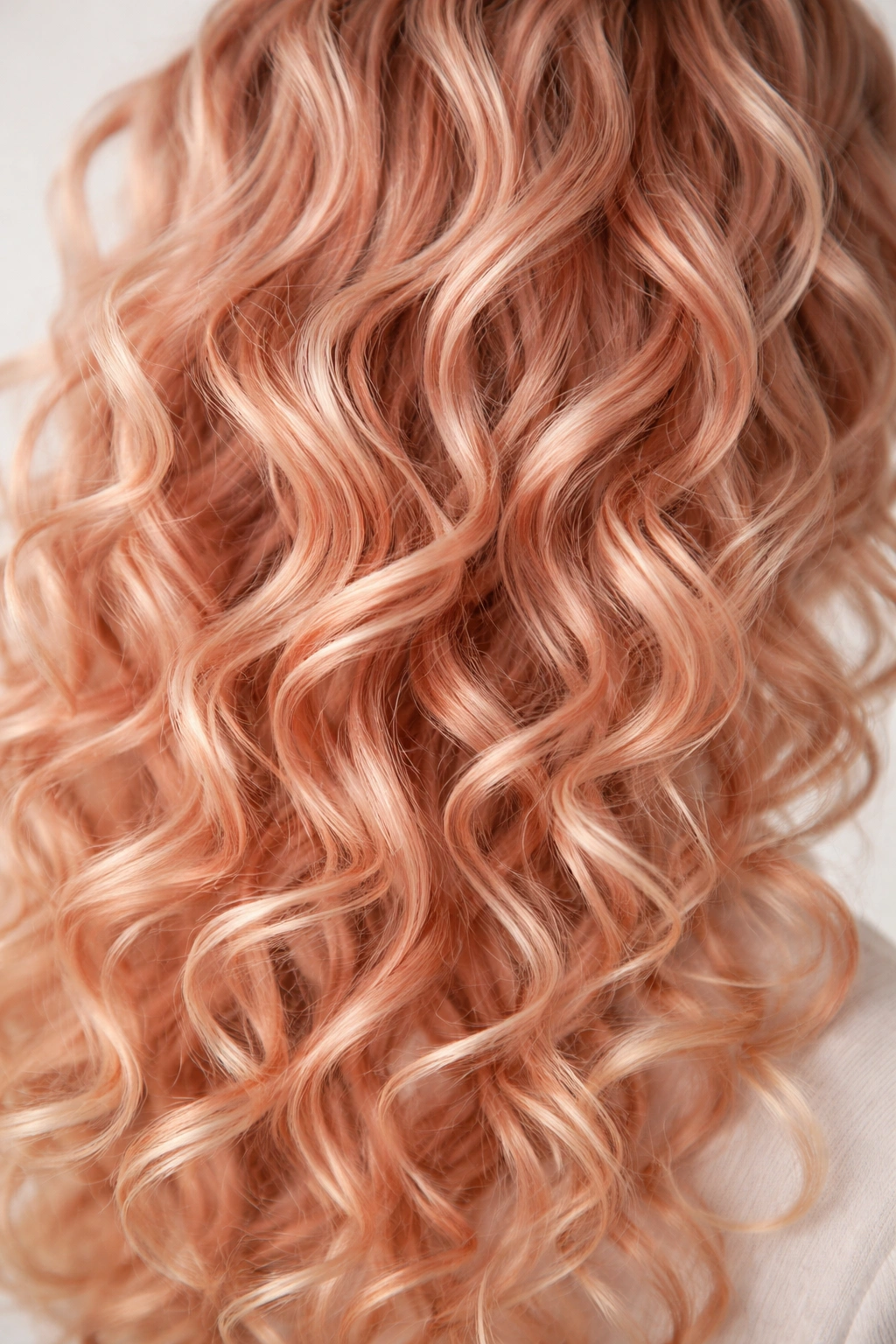 Close-up curly hair with rose gold tint on light blonde base