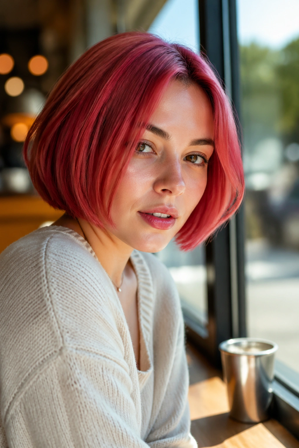 Close-up of a real woman with a rose red chin-length bob and glossy finish
