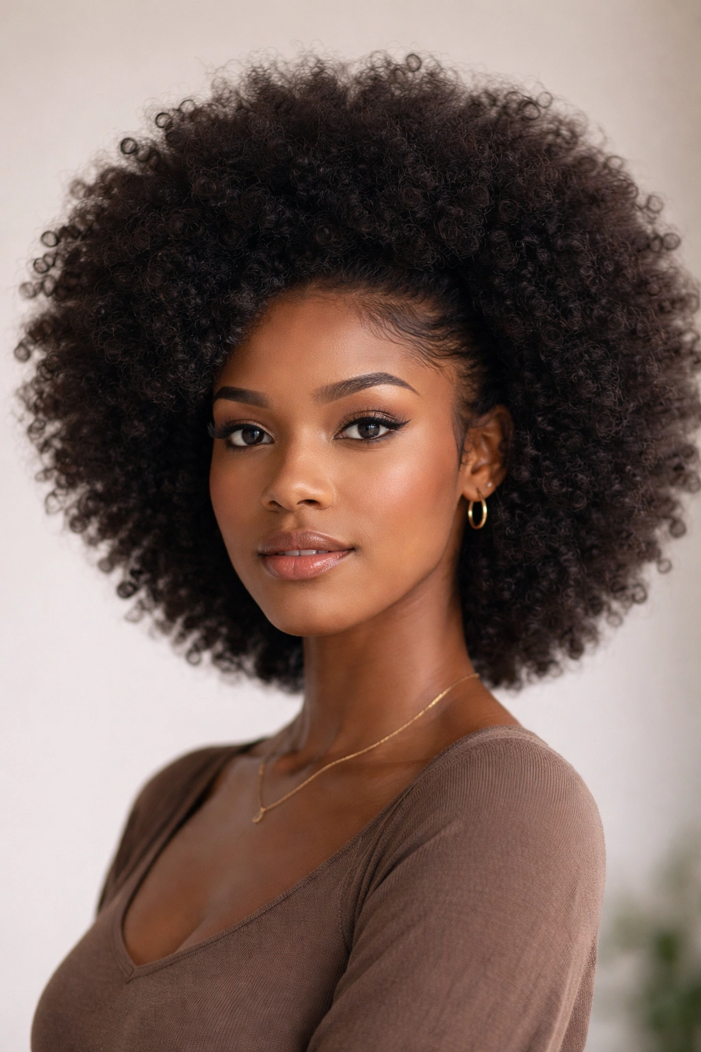 Round afro with temple-swept edges framing volume