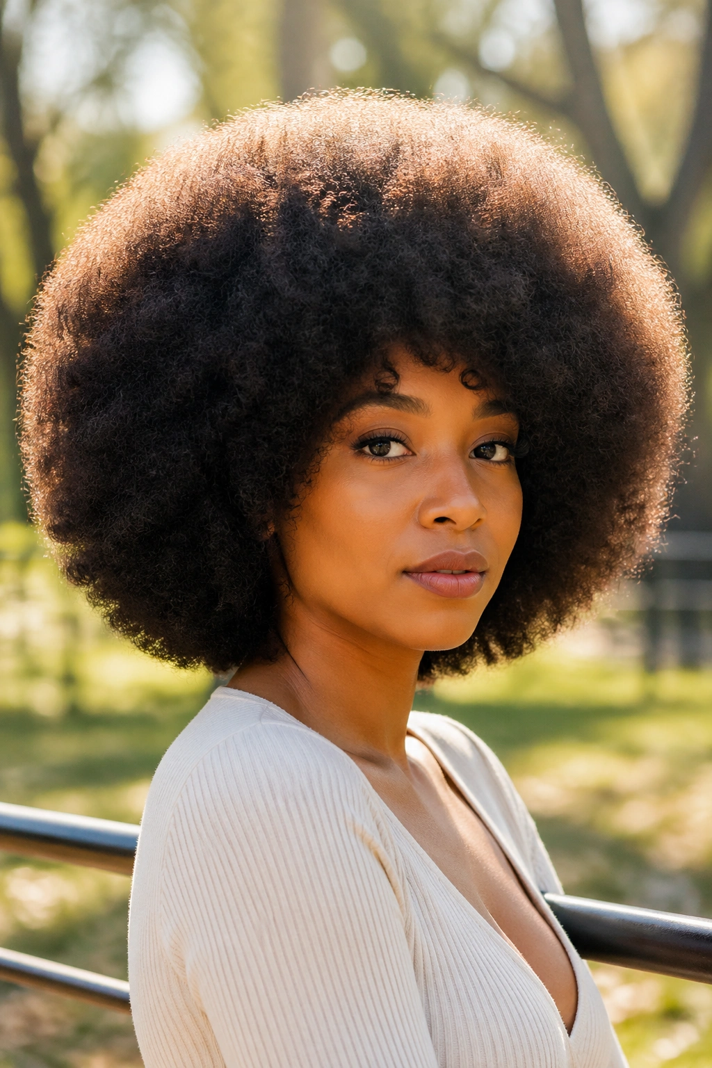 Real woman wearing a big round afro wig with a fluffy halo in soft sunlight