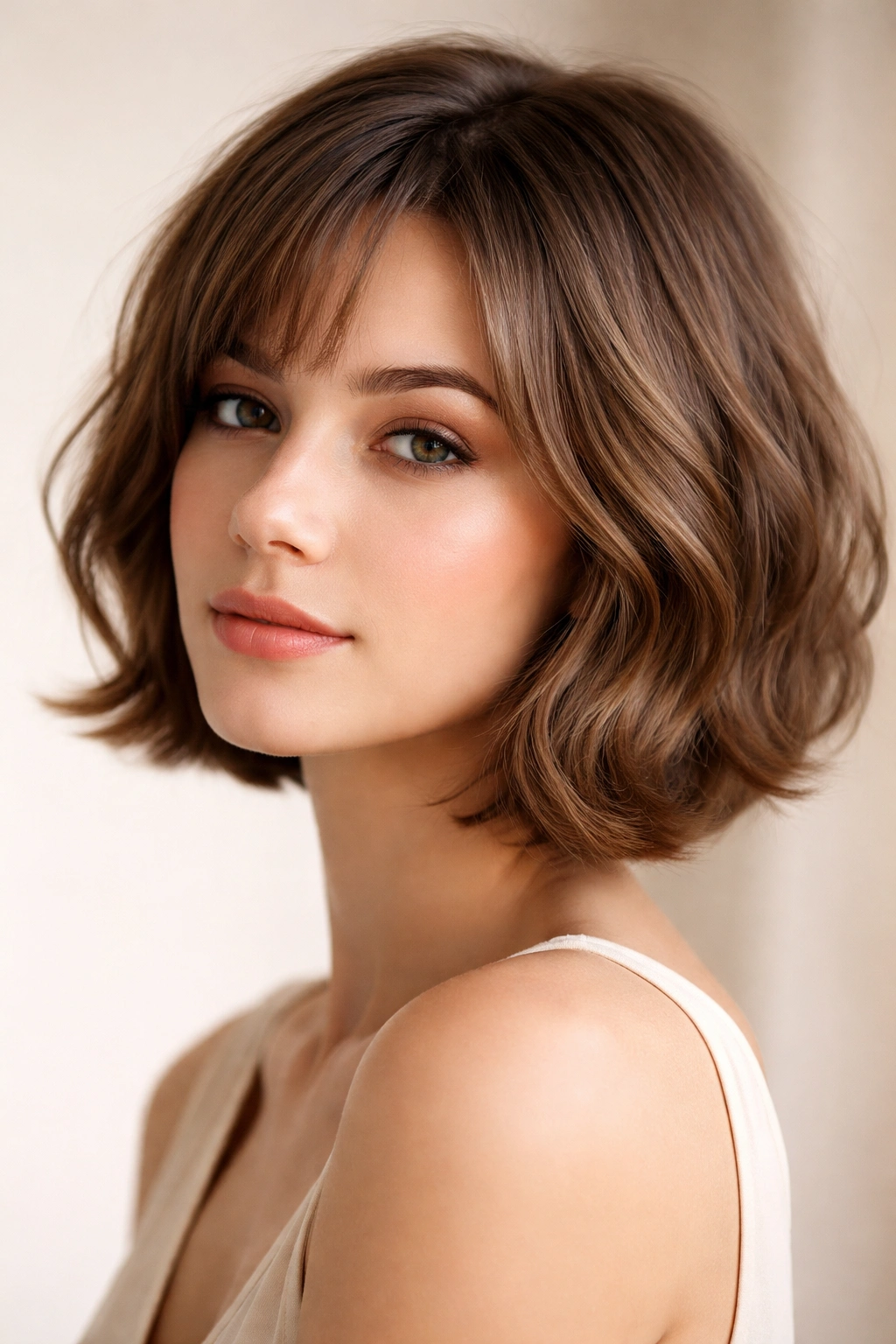 Portrait of a person with a round bob and soft face-framing pieces around the cheeks
