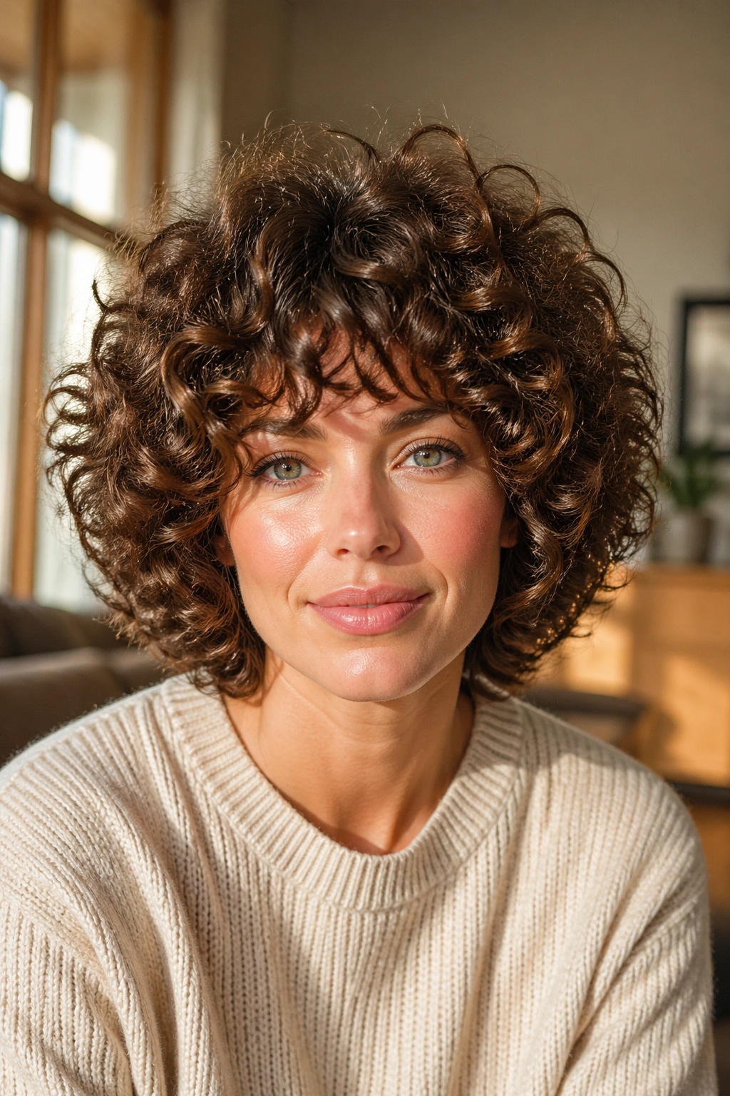 Close-up of a real woman with round curly shag for big volume, circular silhouette around the head