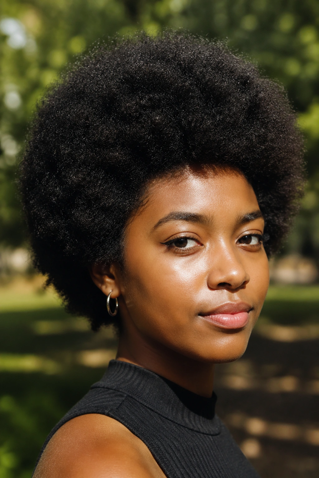 Close-up of a rounded Afro on a real person in natural light