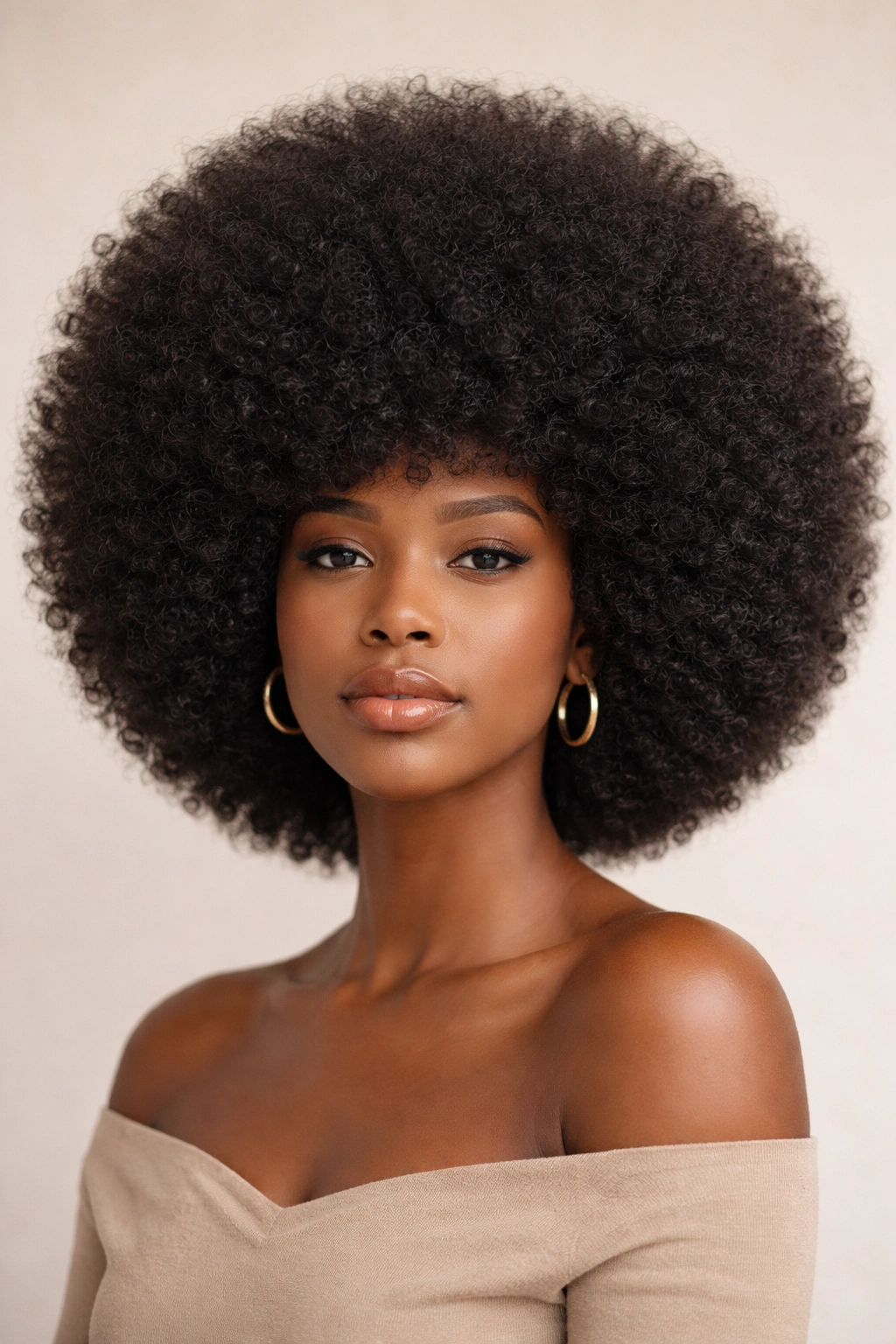 Close-up of a person with a big rounded Afro for dense hair, showing a balanced circular silhouette.